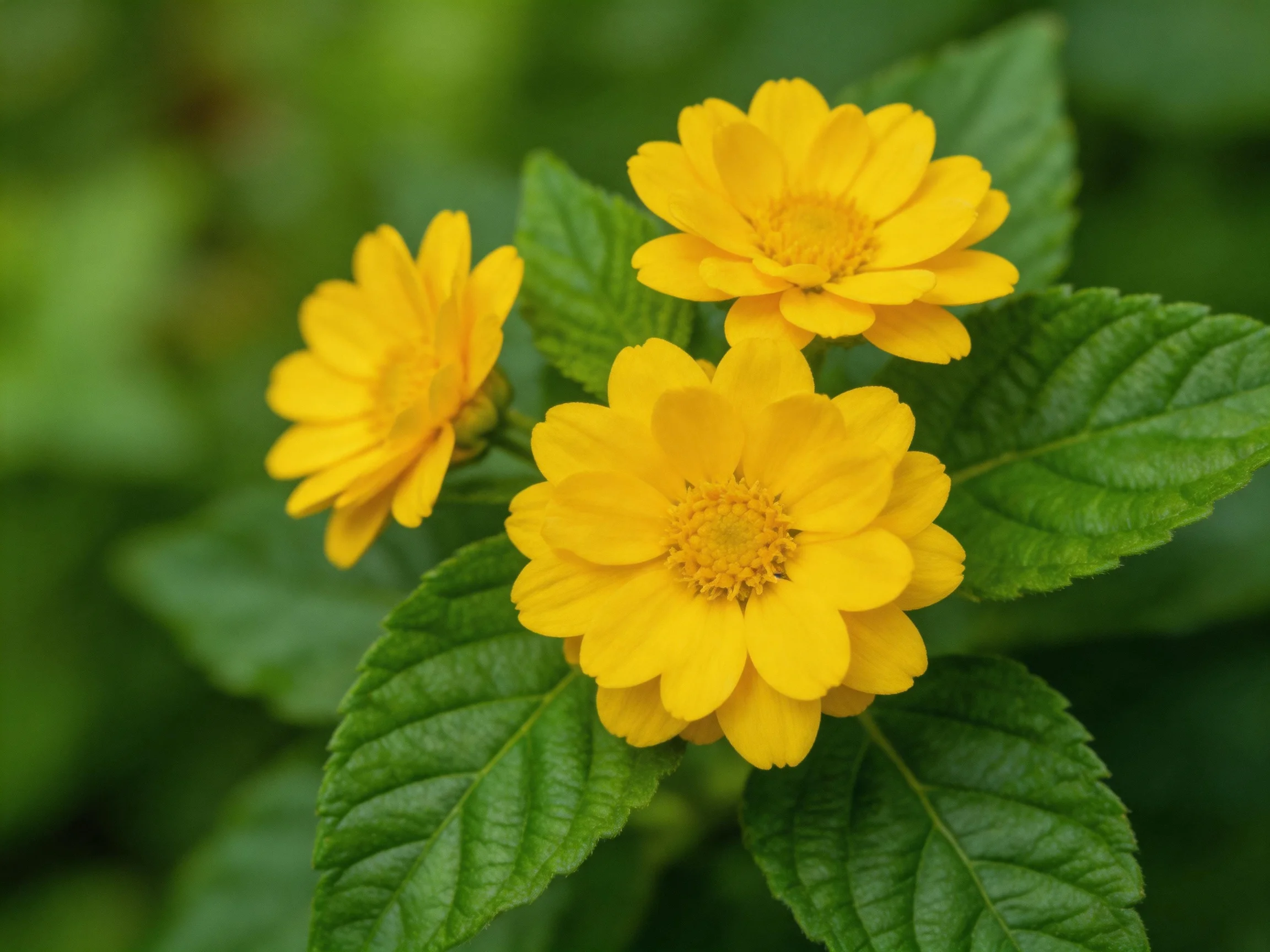 Three bright yellow flowers with glossy green leaves