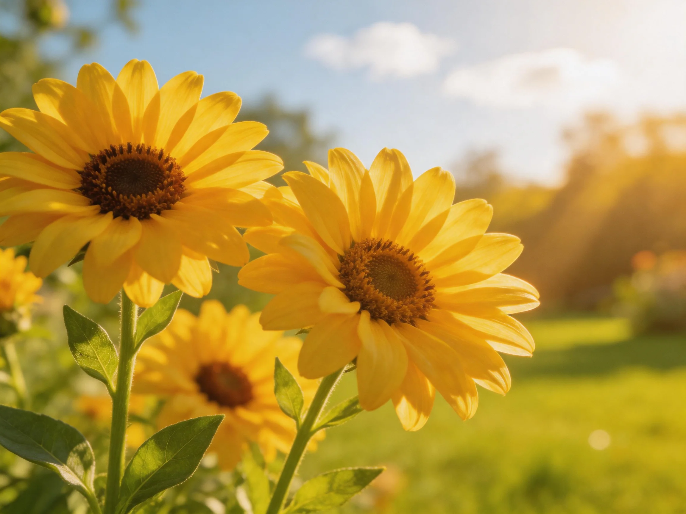 Three bright yellow sunflowers bloom in a sunlit meadow