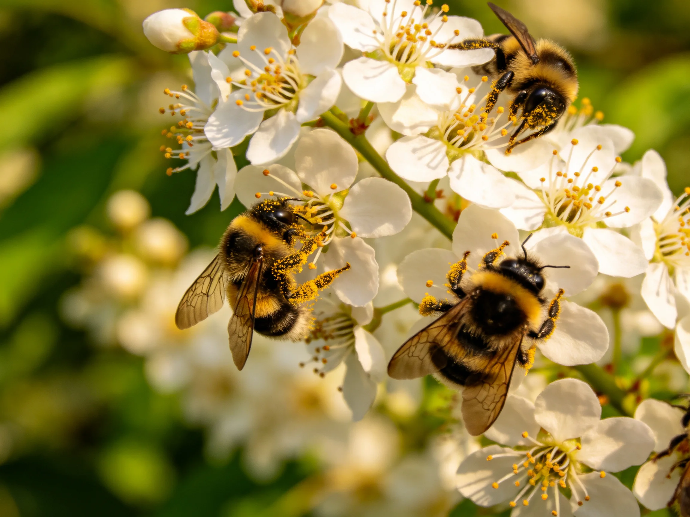 Three bumblebees collecting nectar from delicate white blossoms
