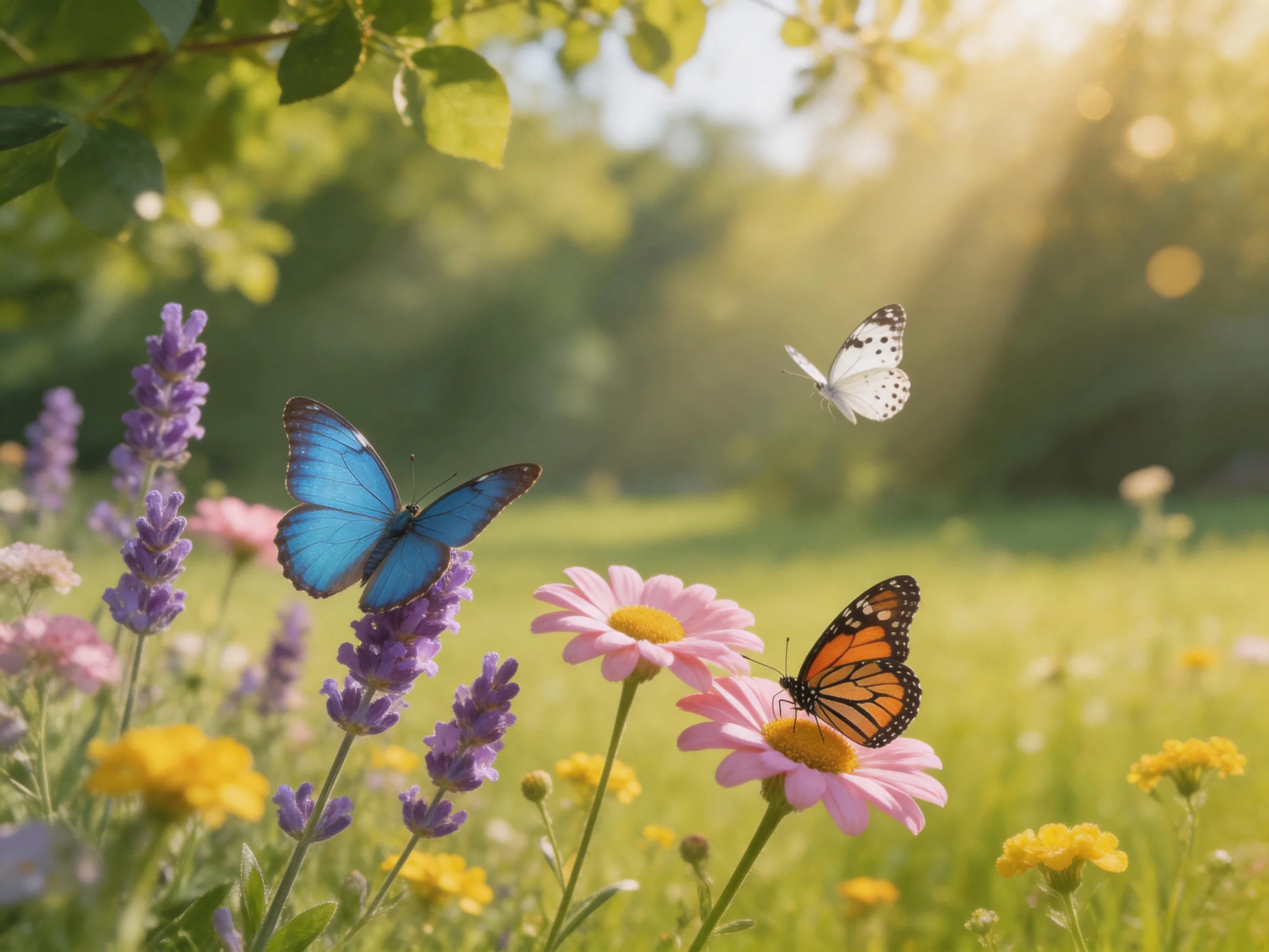 Three butterflies amidst colorful wildflowers in a sunlit meadow