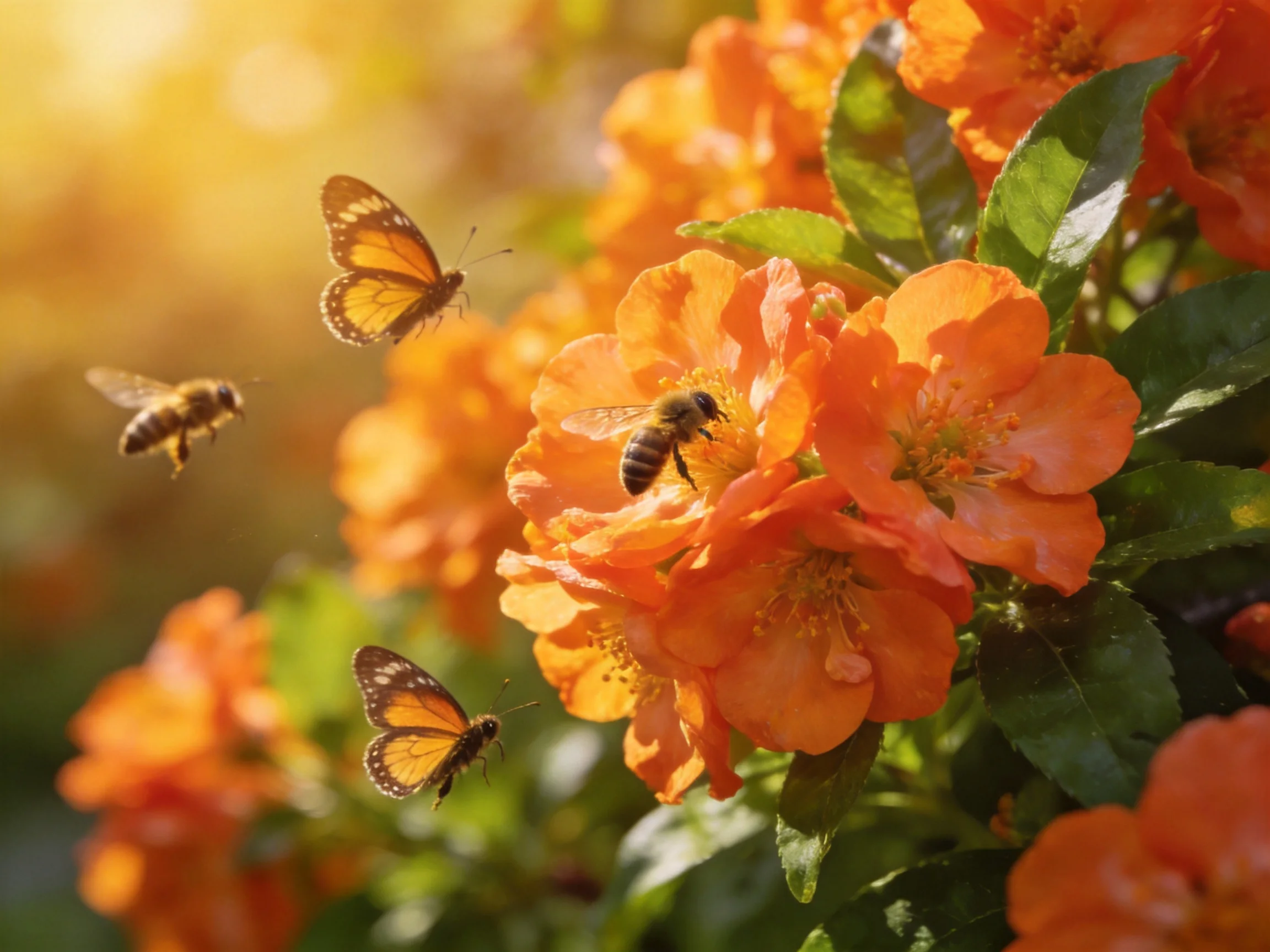 Three butterflies and two bees hover near vibrant orange blossoms
