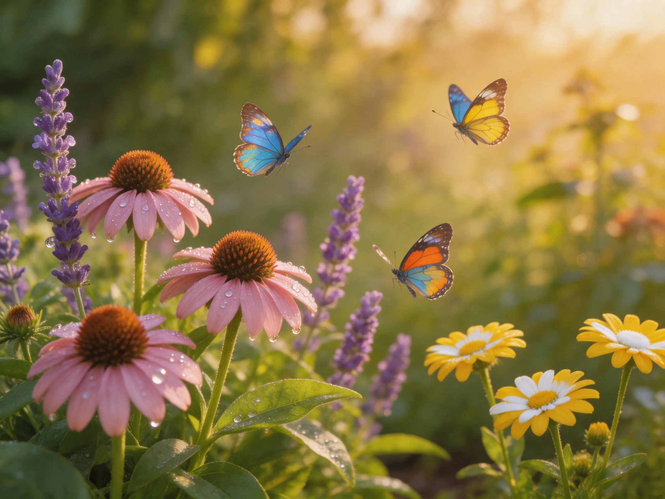 Three butterflies flutter among pink coneflowers, purple salvia, and yellow daisies
