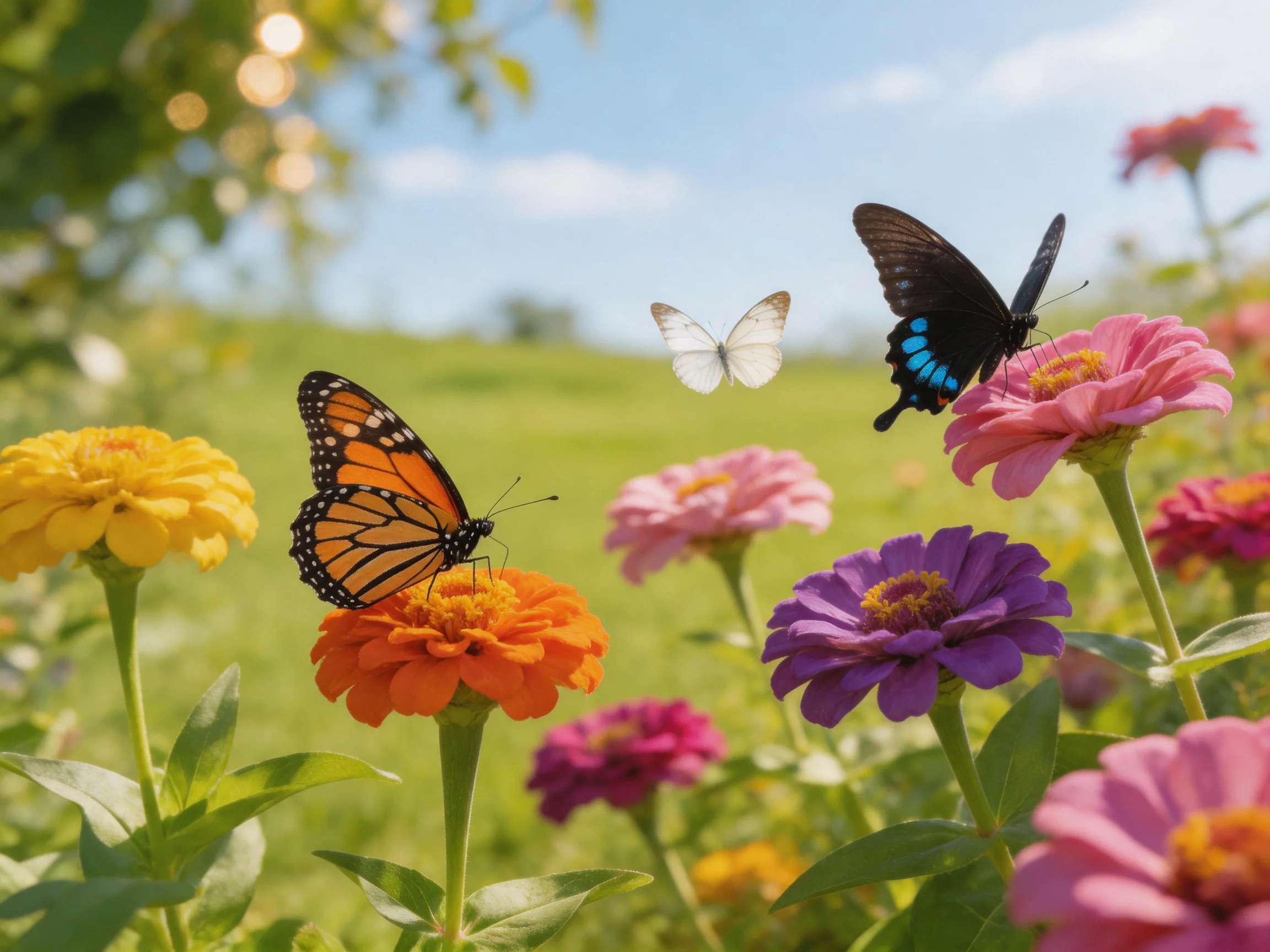 Three butterflies of diverse colors amid vibrant zinnia flowers in a sunny meadow