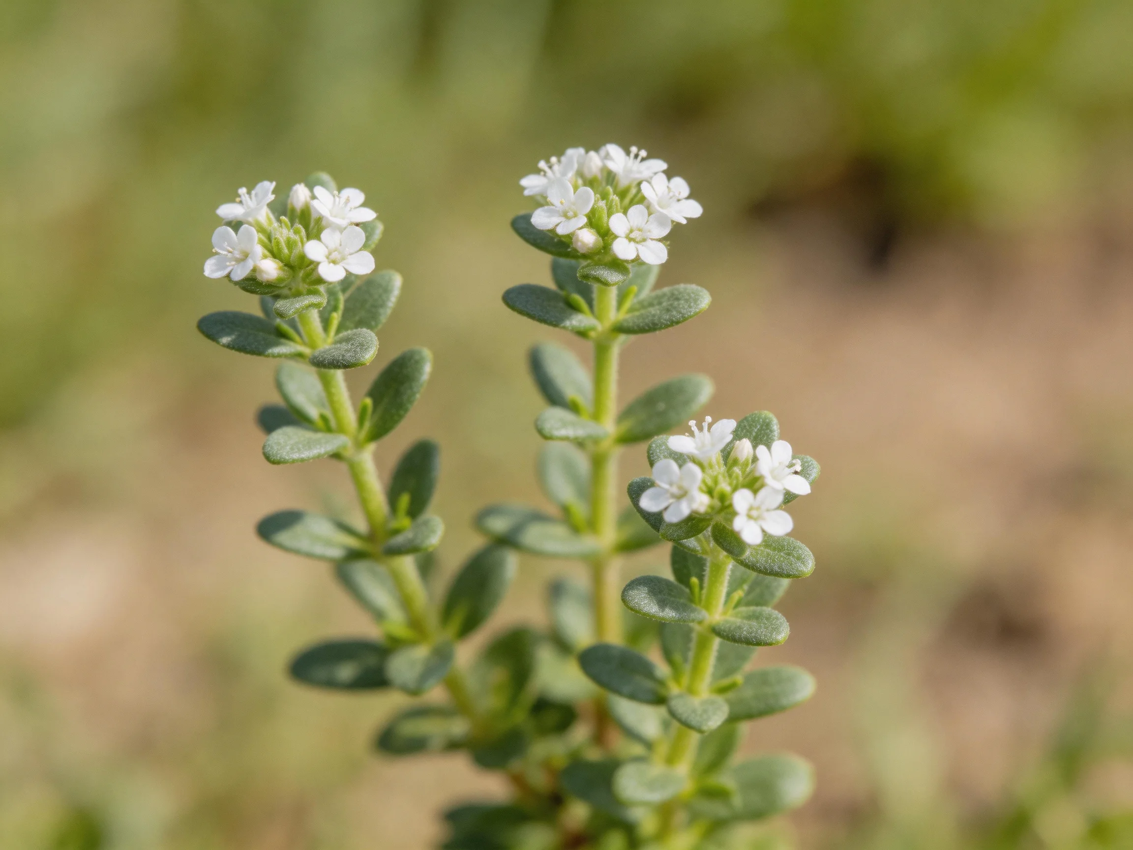 Three clusters of tiny white blooms atop slender green-stemmed plants