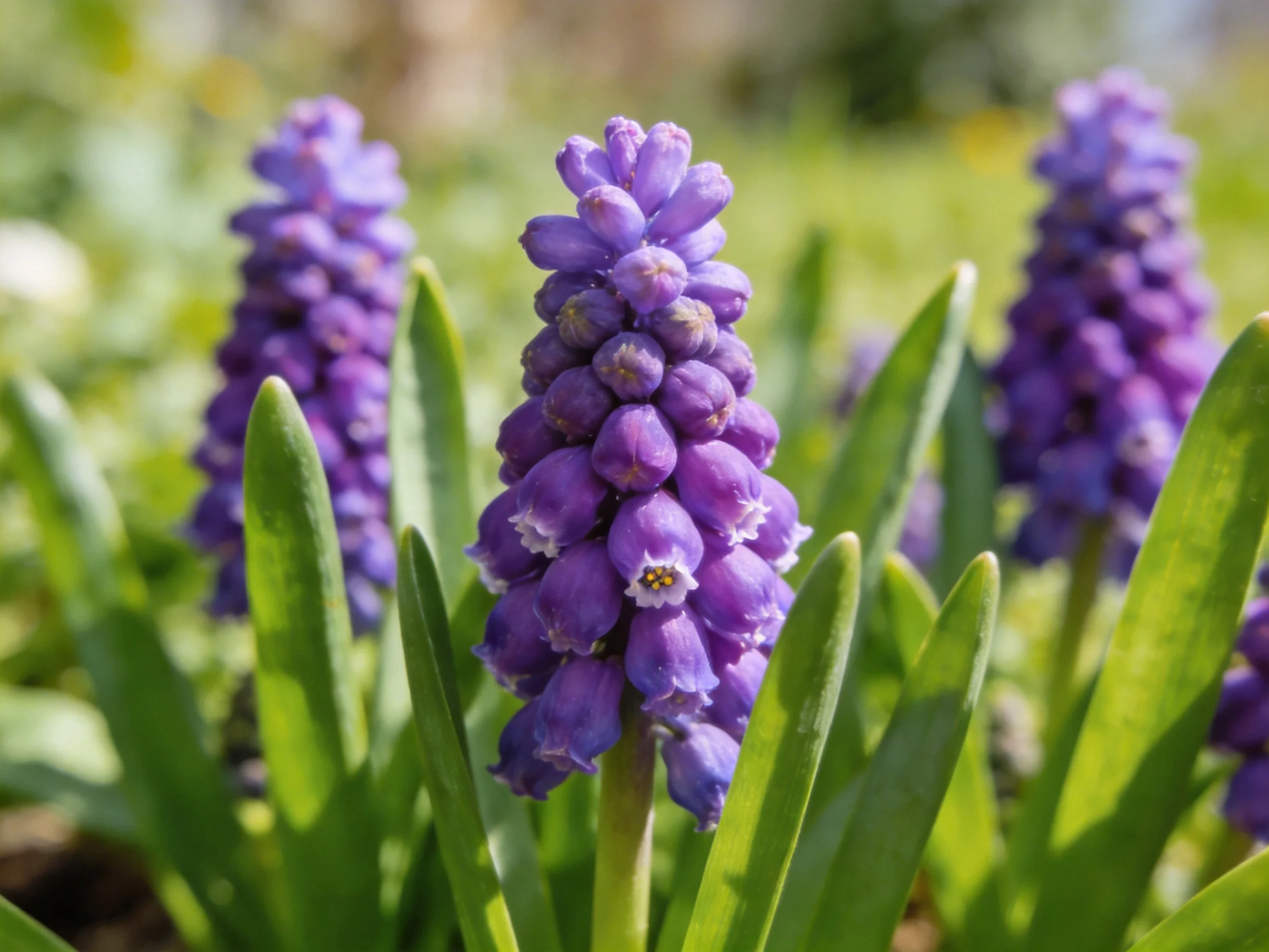 Three clusters of vibrant purple grape hyacinths among green foliage