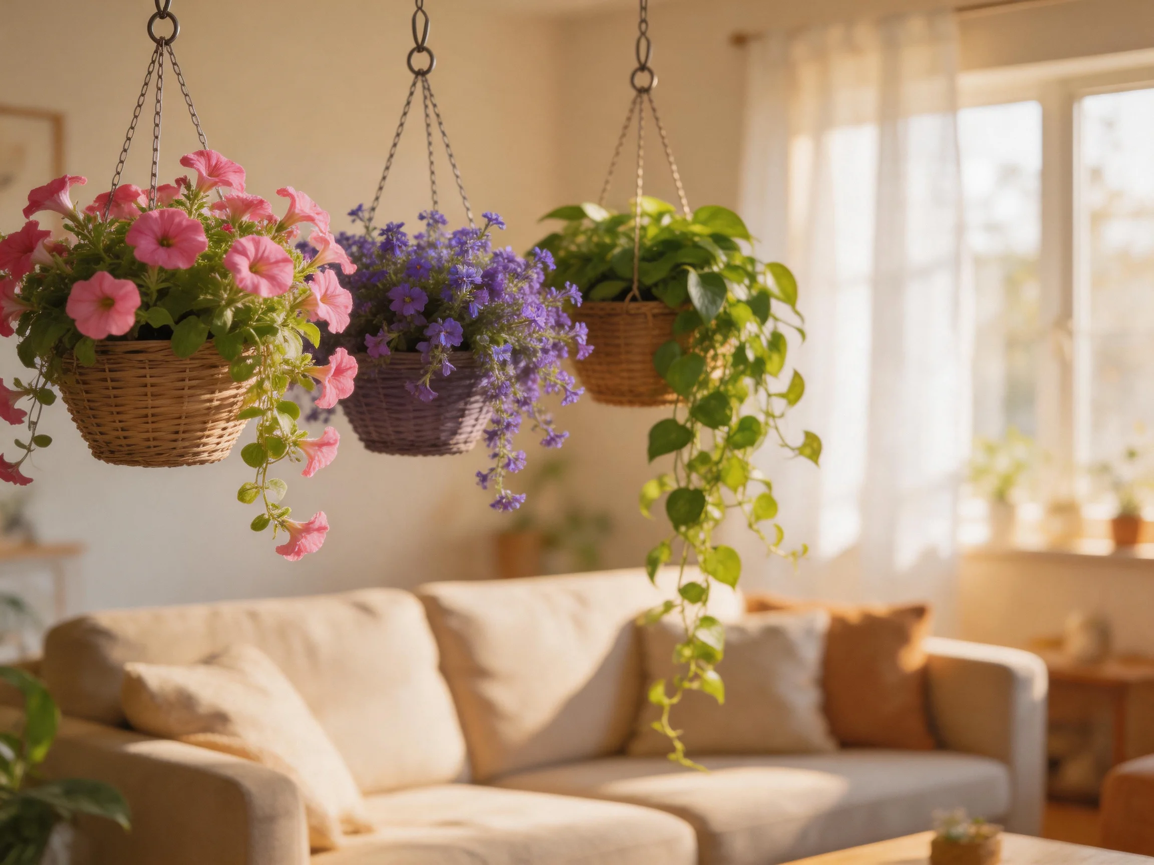 Three colorful hanging plant baskets adorn a cozy living room.