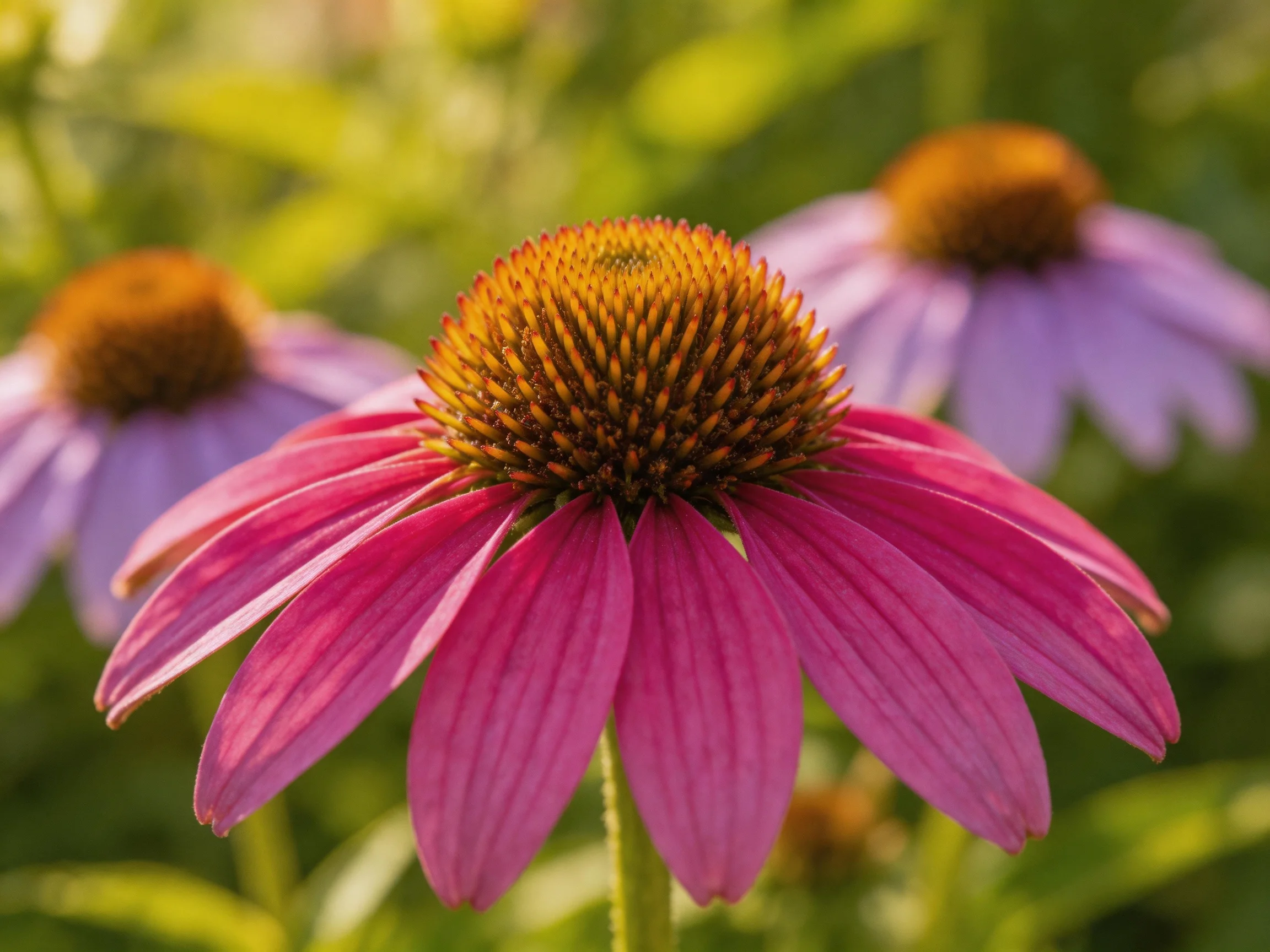 Three coneflowers with spiky golden centers bloom in a sunlit garden