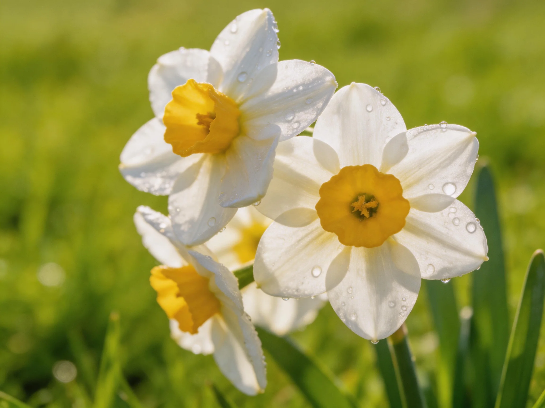 Three daffodils with white petals and golden centers in a sunlit meadow