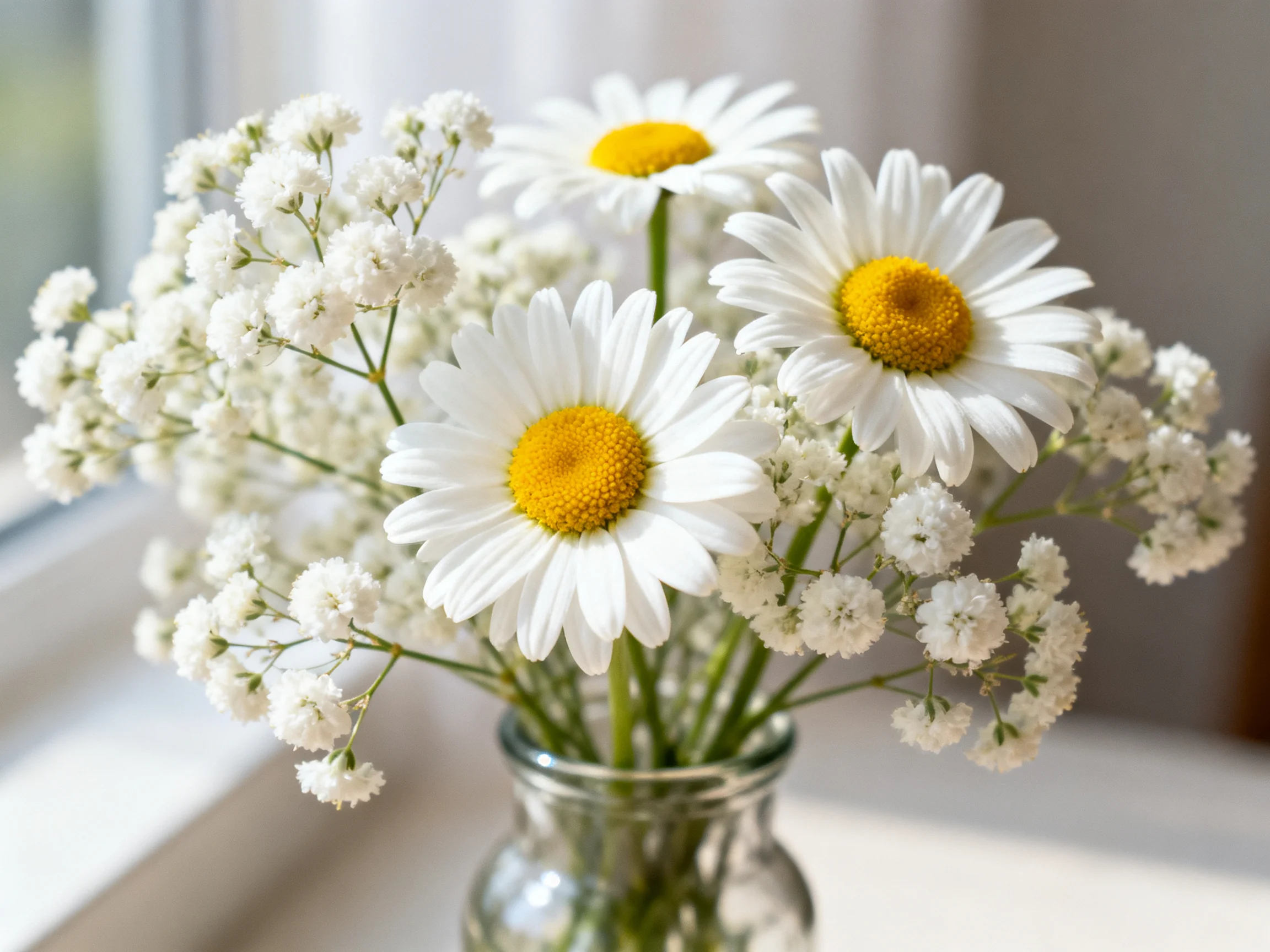 Three daisies and baby’s breath in a clear glass vase near a window