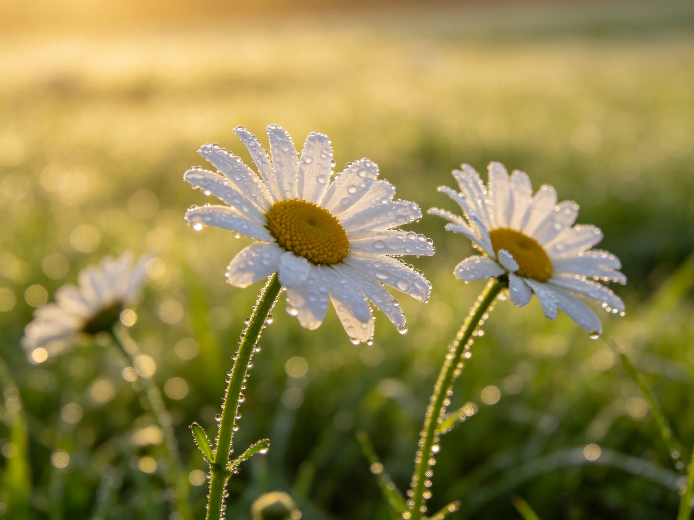 Three daisies with dew drops in a sunlit green meadow