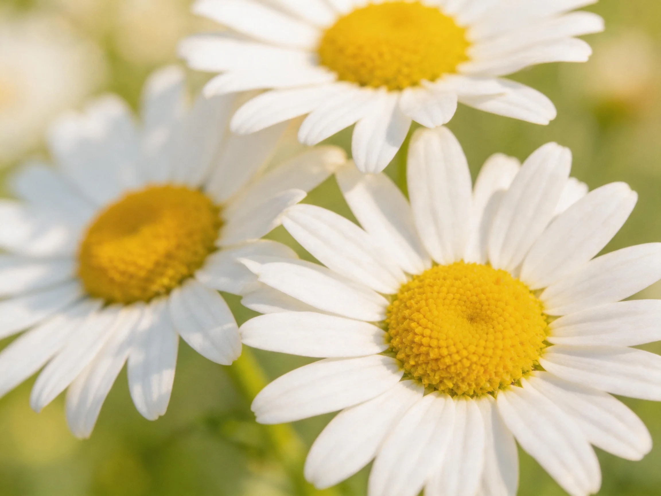 Three daisies with white petals and vibrant yellow centers