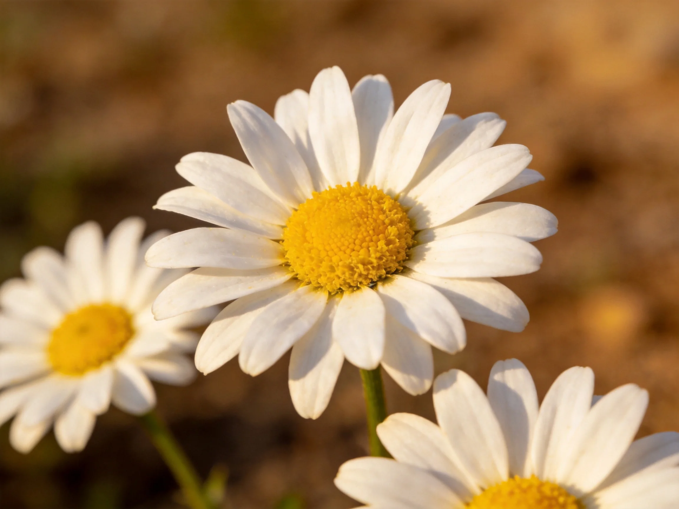Three daisies with white petals and vibrant yellow centers