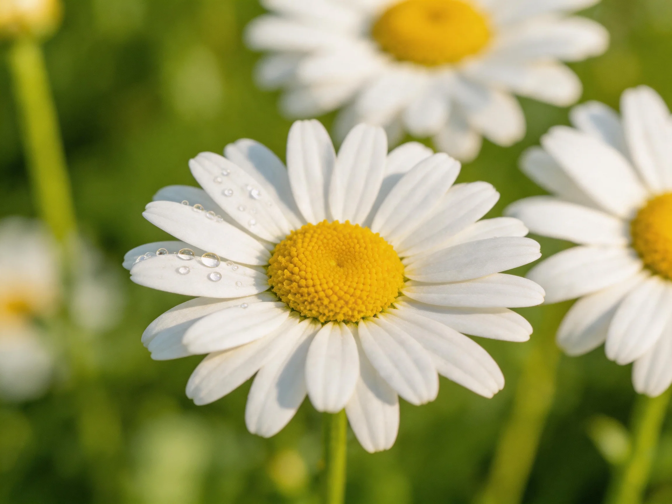 Three daisies with white petals and yellow centers in a green field