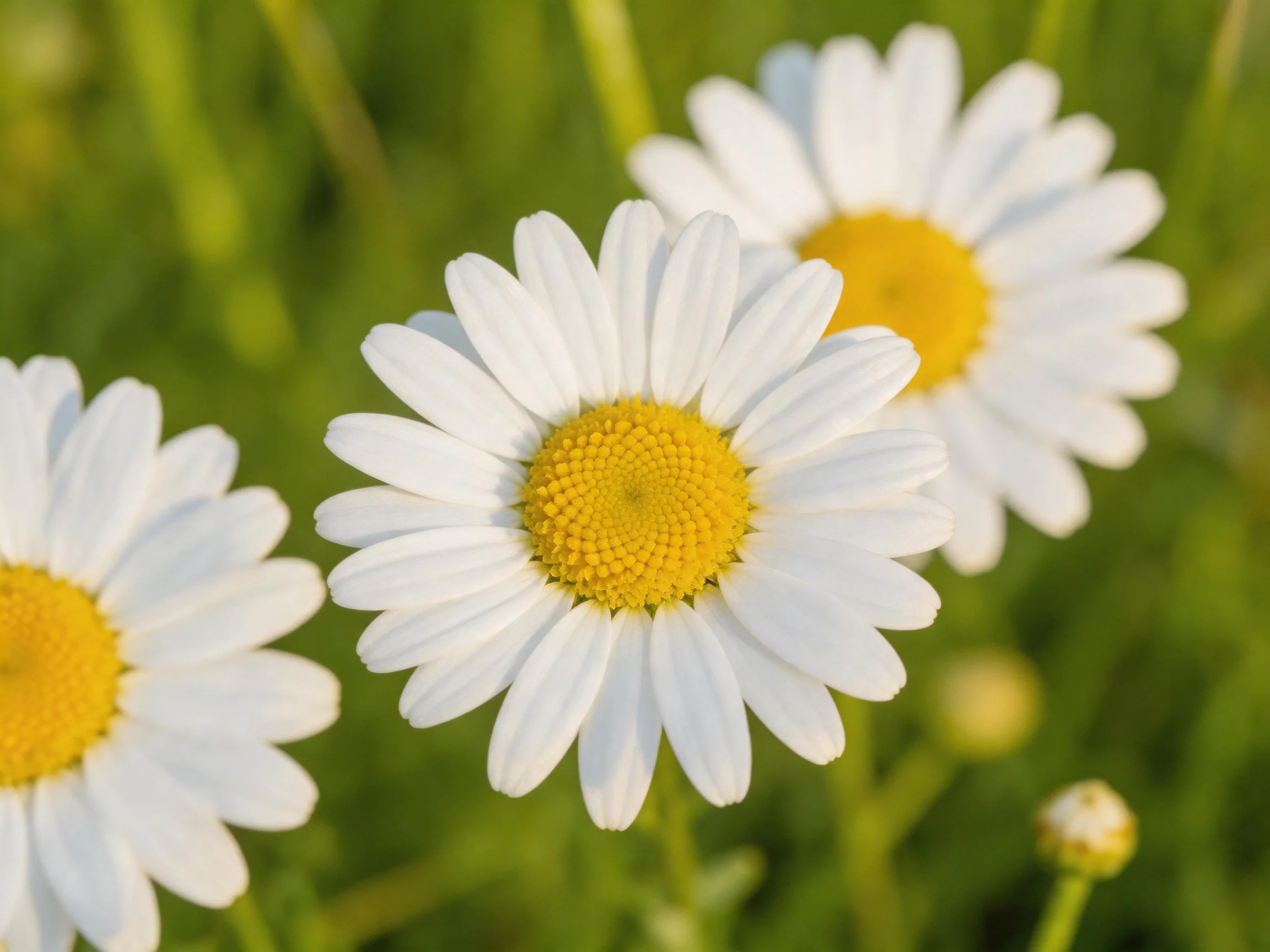 Three daisies with white petals and yellow centers in a green meadow