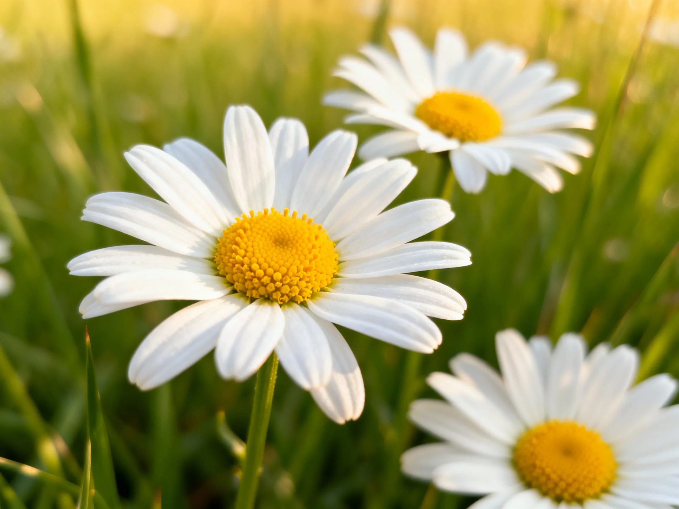Three daisies with white petals and yellow centers in a green meadow