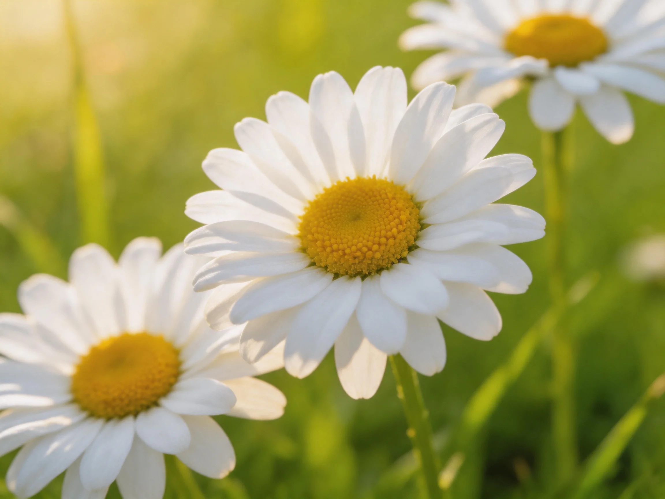Three daisies with white petals and yellow centers in a sunlit meadow