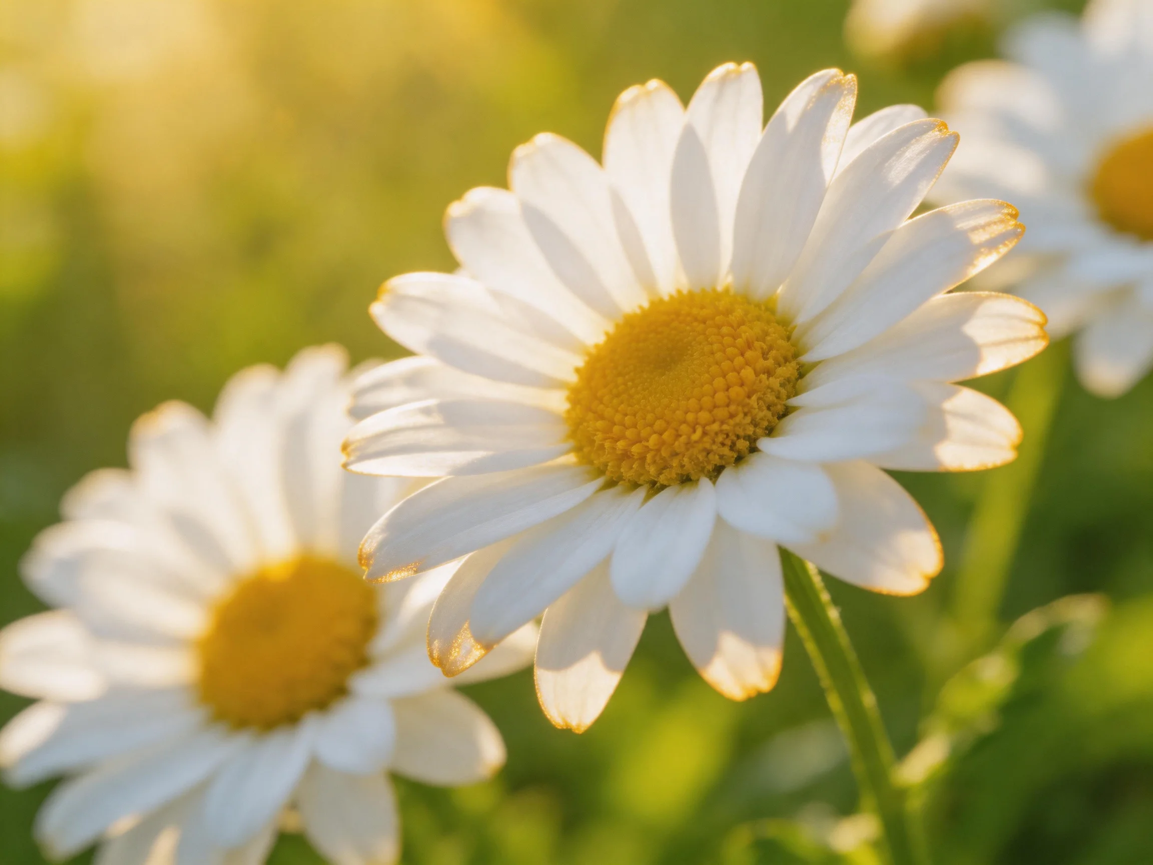 Three daisies with white petals and yellow centers in sunlight
