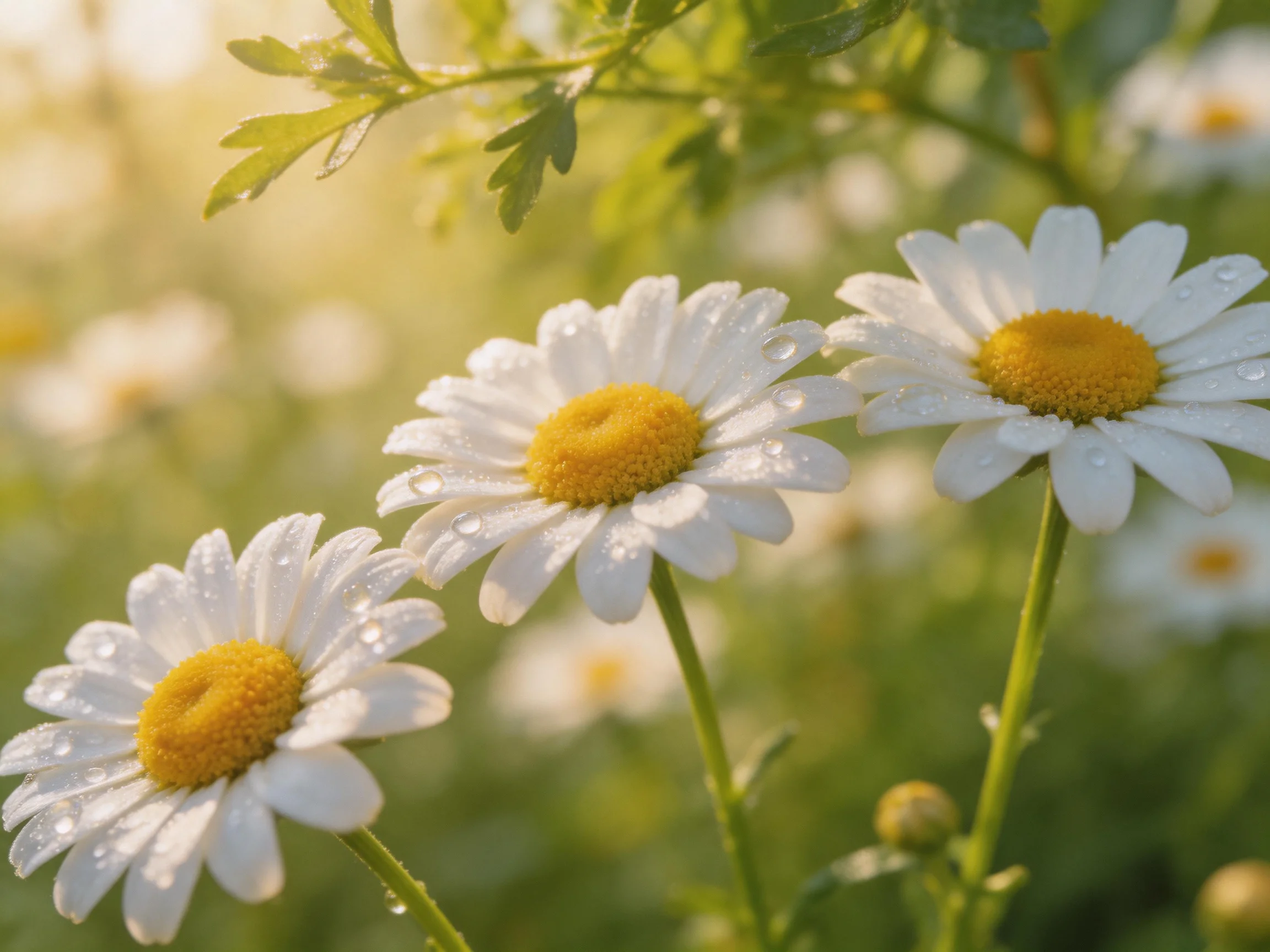 Three daisies with white petals, yellow centers, and dew drops under soft sunlight