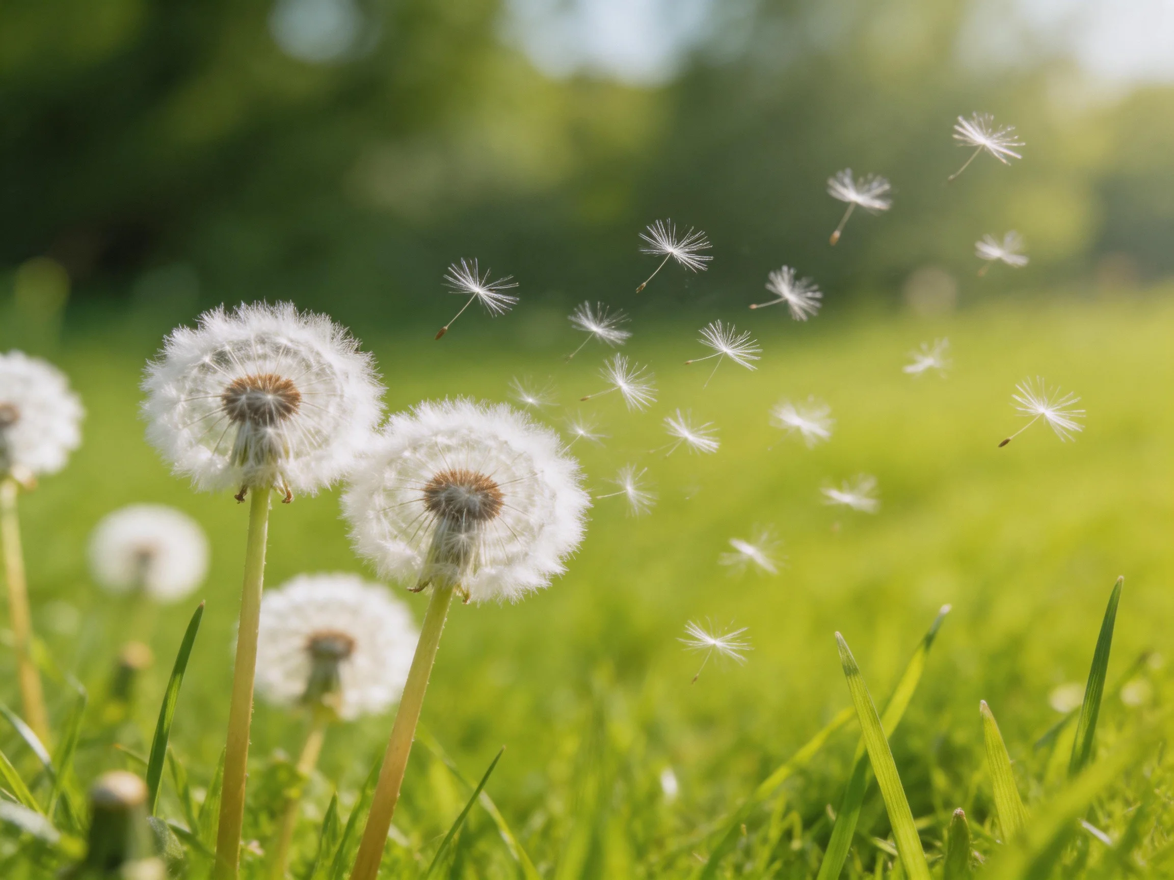 Three dandelion seed heads release seeds in a sunlit green meadow