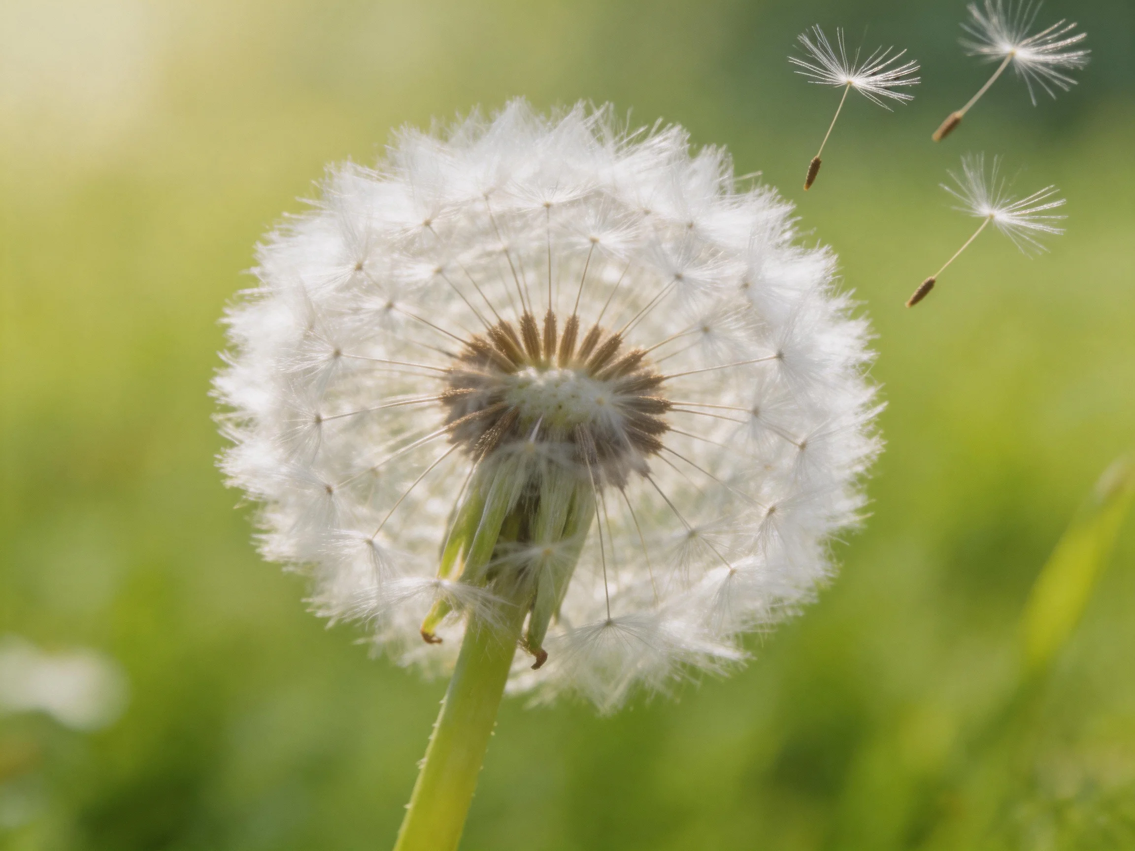 Three dandelion seeds float beside a large white dandelion seed head with a green stem