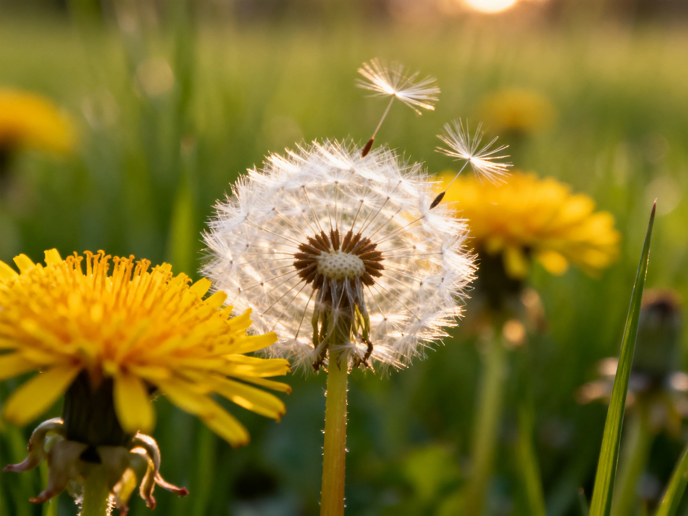 Three dandelions in a sunlit meadow with floating seeds
