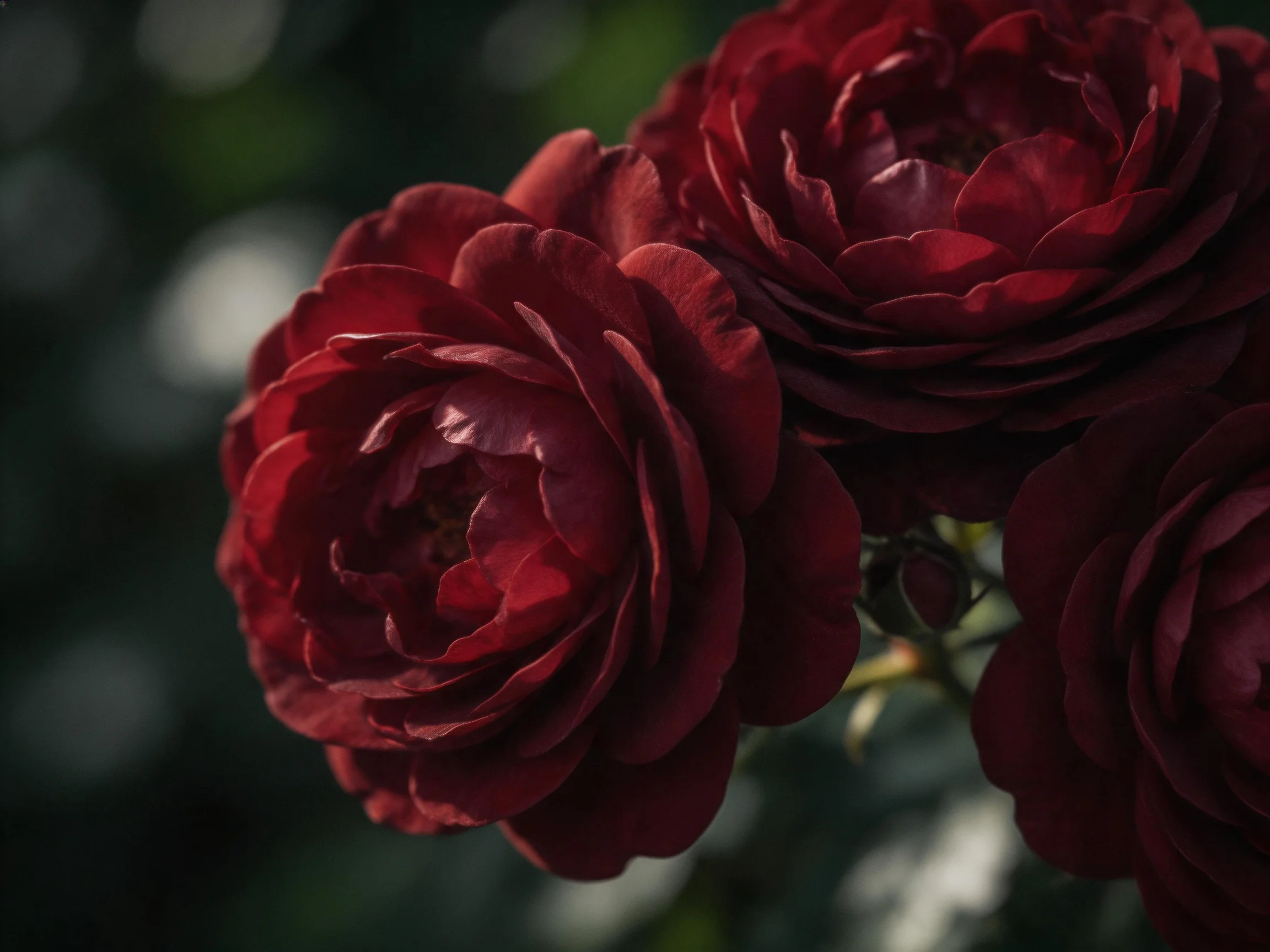 Three dark red roses with layered petals against a blurred green background