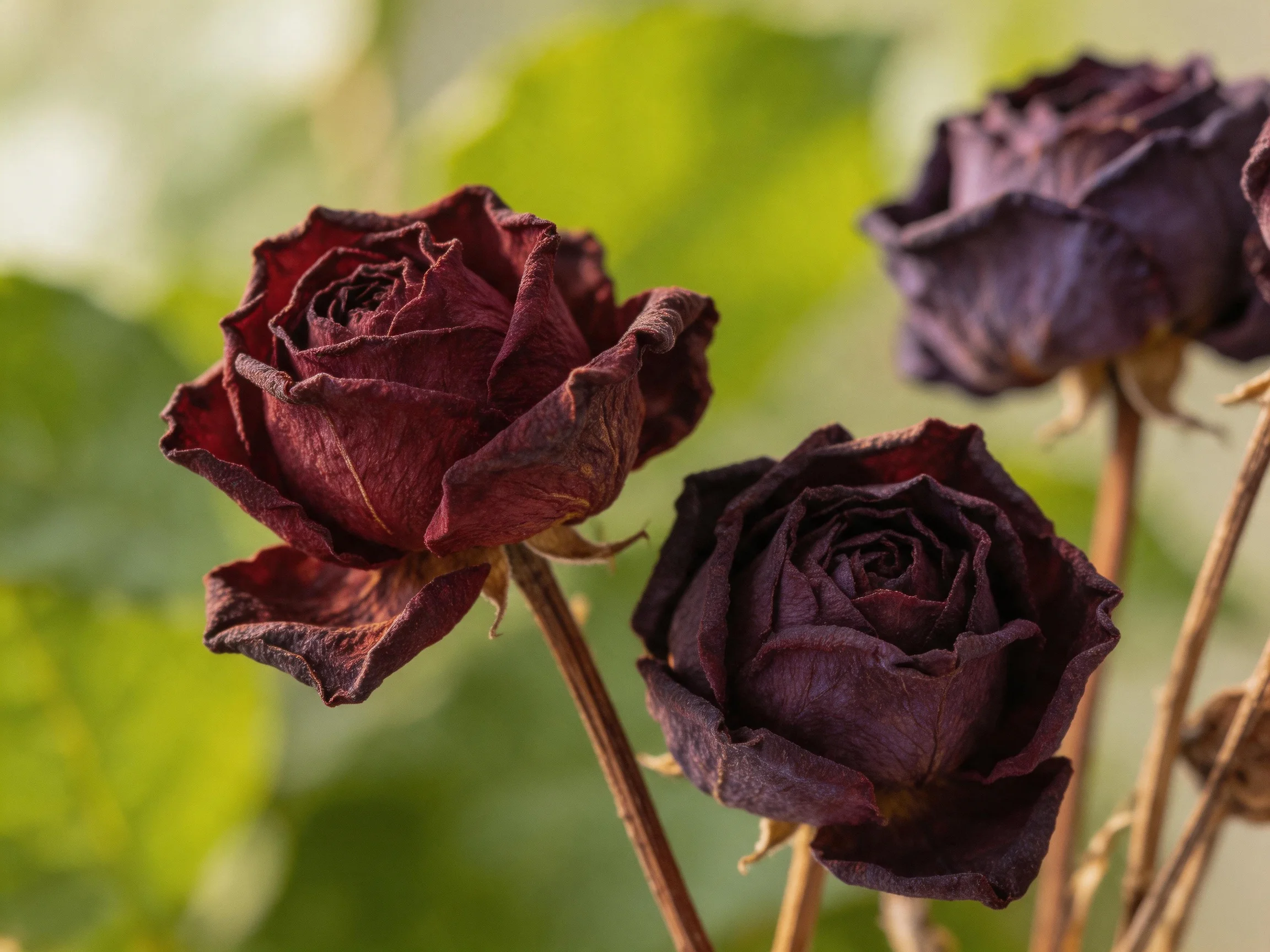 Three deep-hued dried roses against blurred green foliage