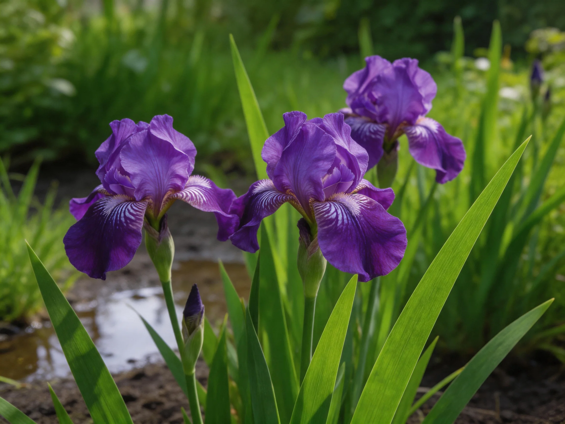 Three deep purple iris flowers thrive among lush greenery