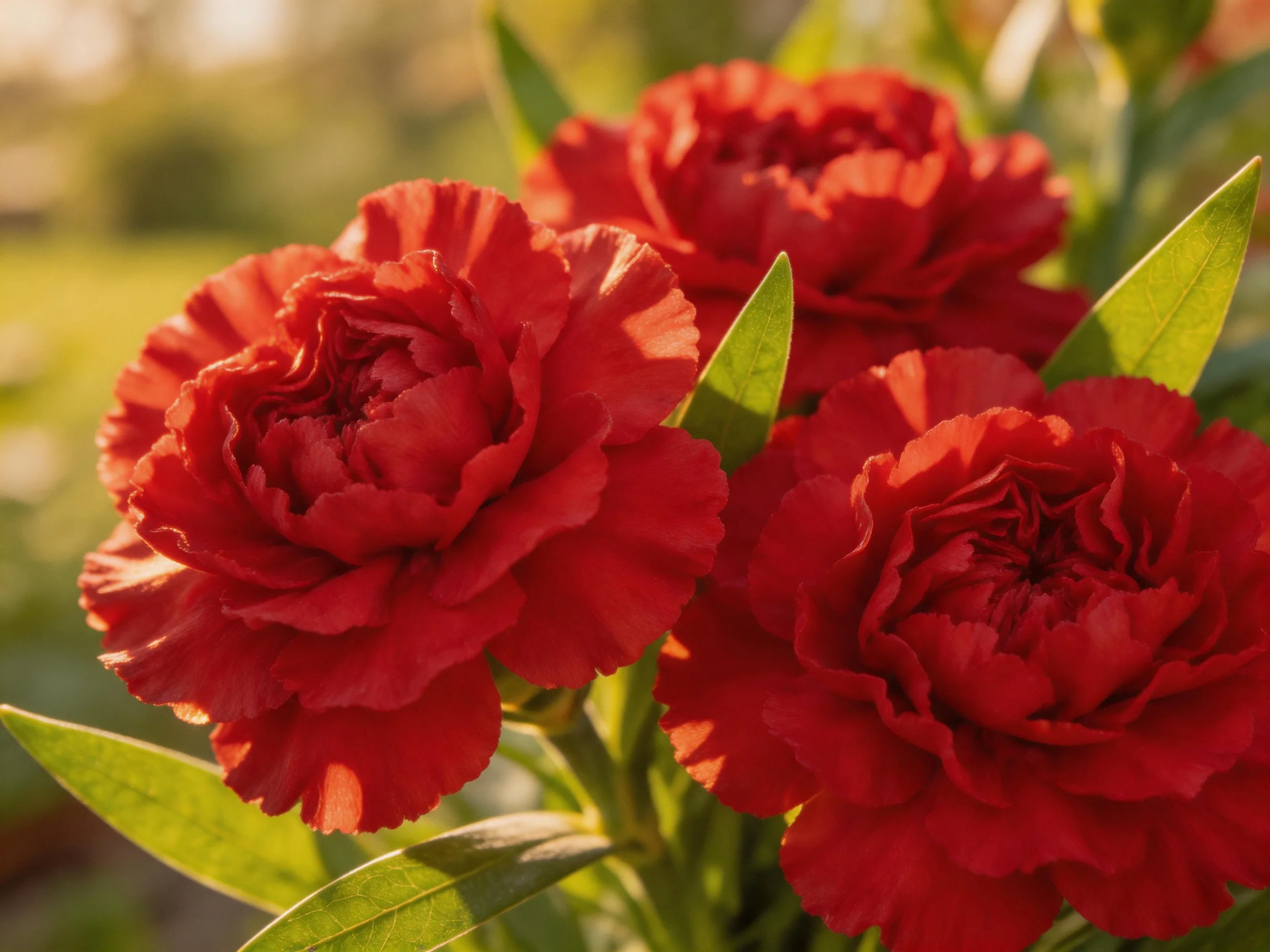 Three deep red carnations with ruffled petals
