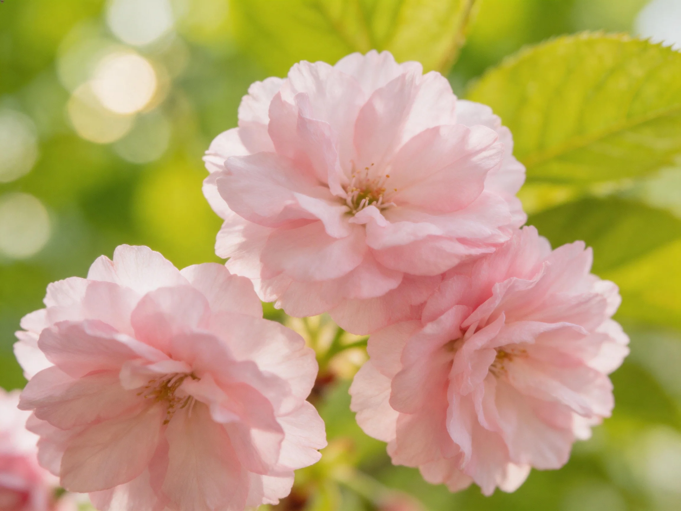 Three delicate pink cherry blossom blooms with green foliage backdrop