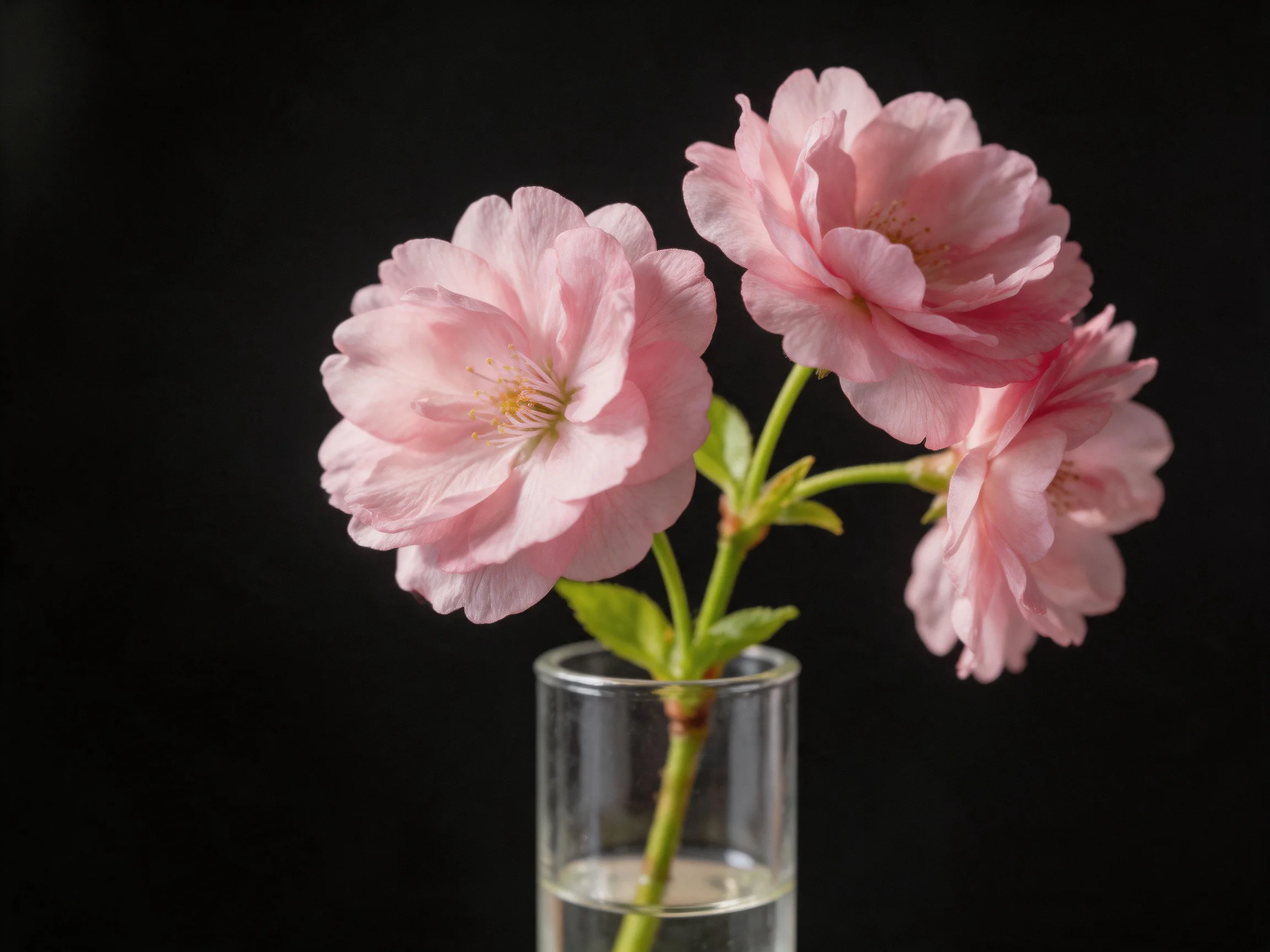 Three delicate pink cherry blossoms in a clear glass vase