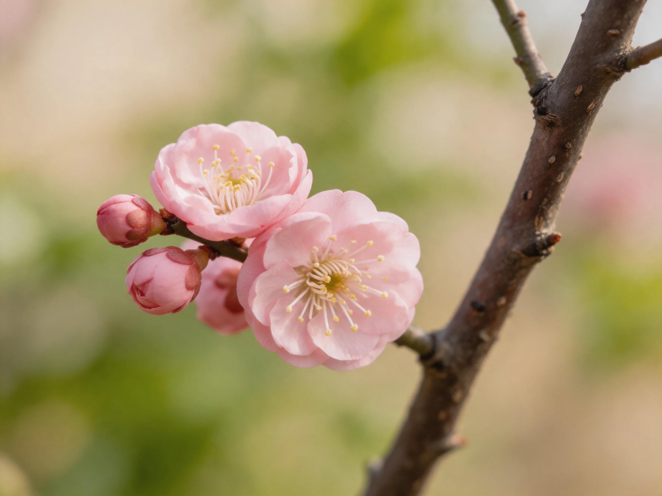 Three delicate pink plum blossoms bloom on a dark brown branch