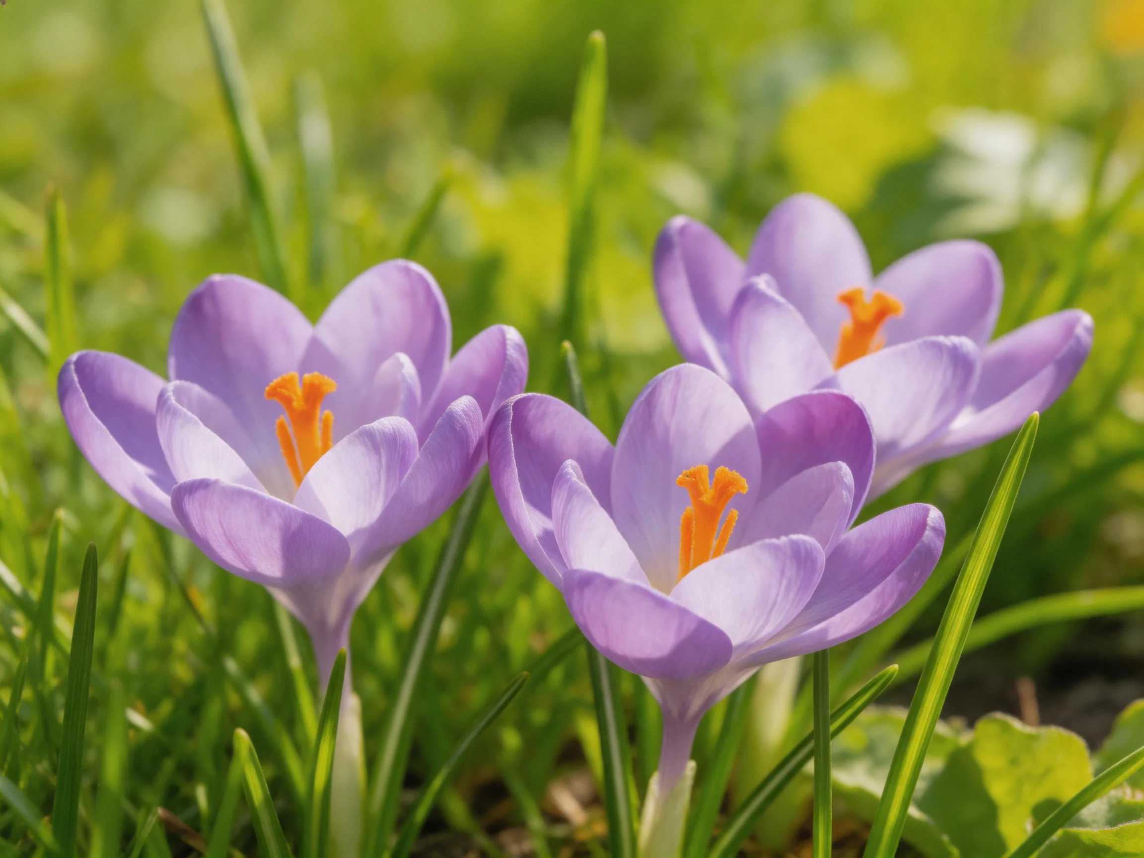 Three delicate purple crocus blooms with bright orange centers amid lush green grass