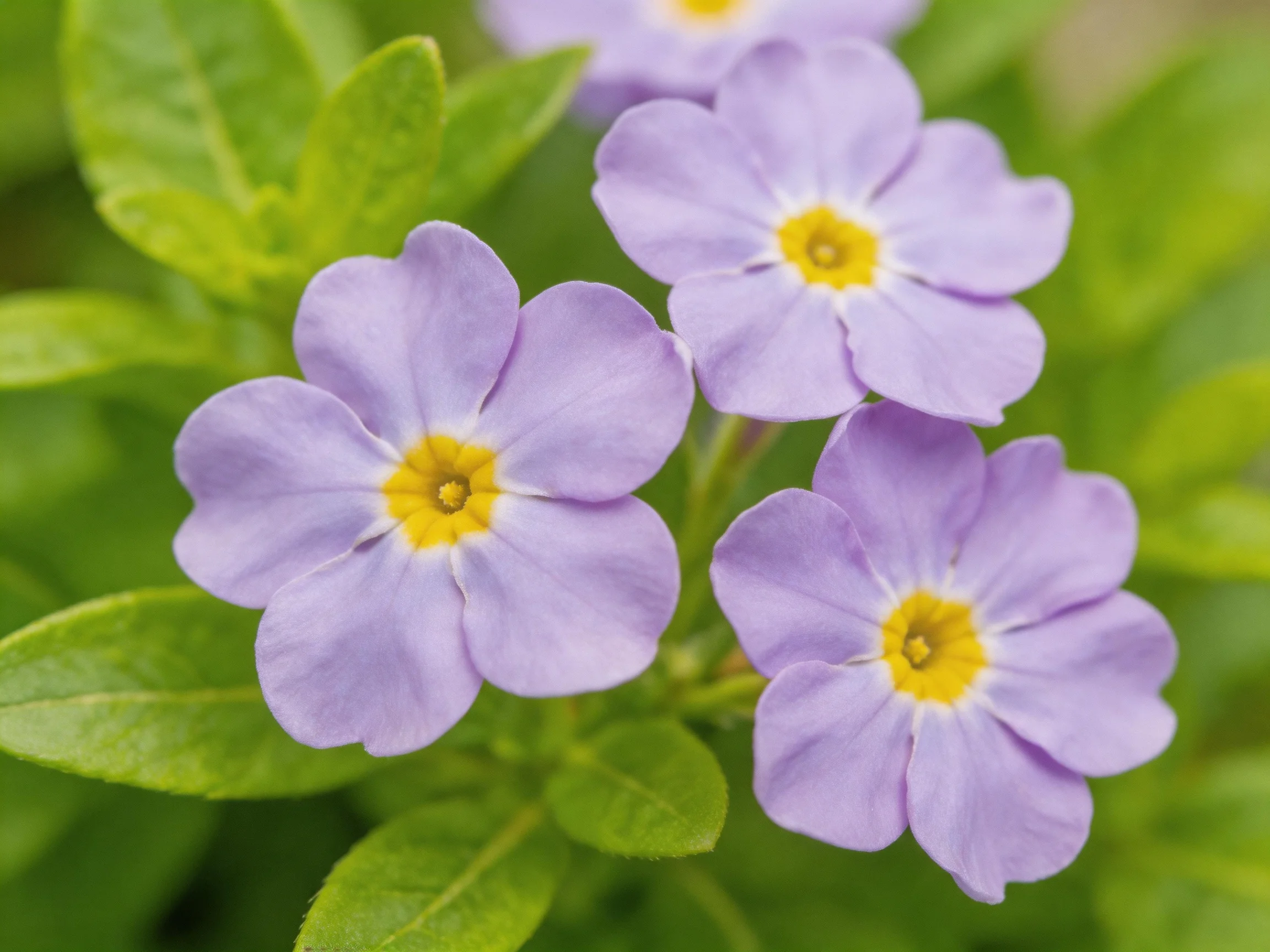 Three delicate purple flowers with bright yellow centers amid lush green foliage