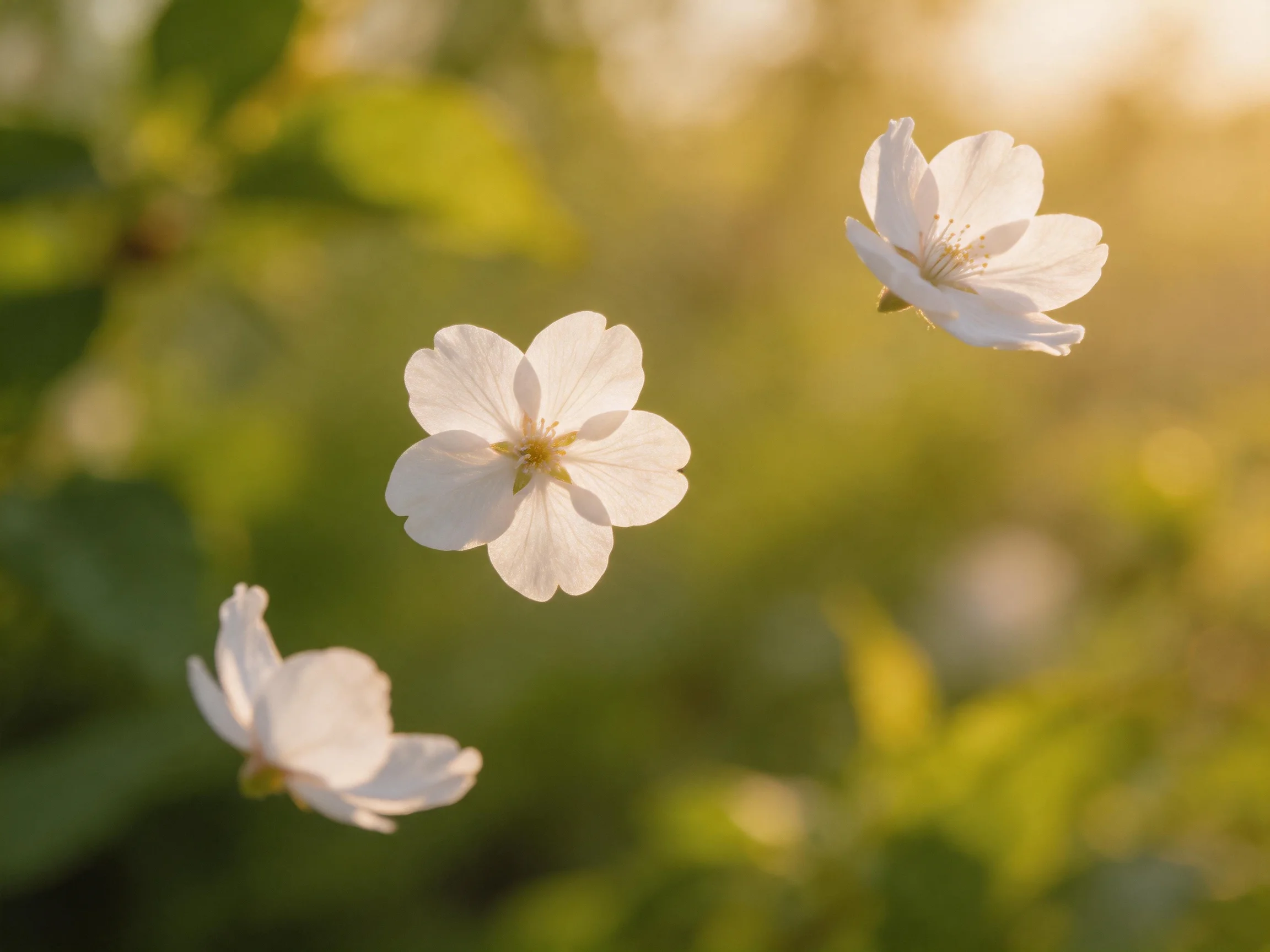Three delicate white blossoms against a soft green bokeh background