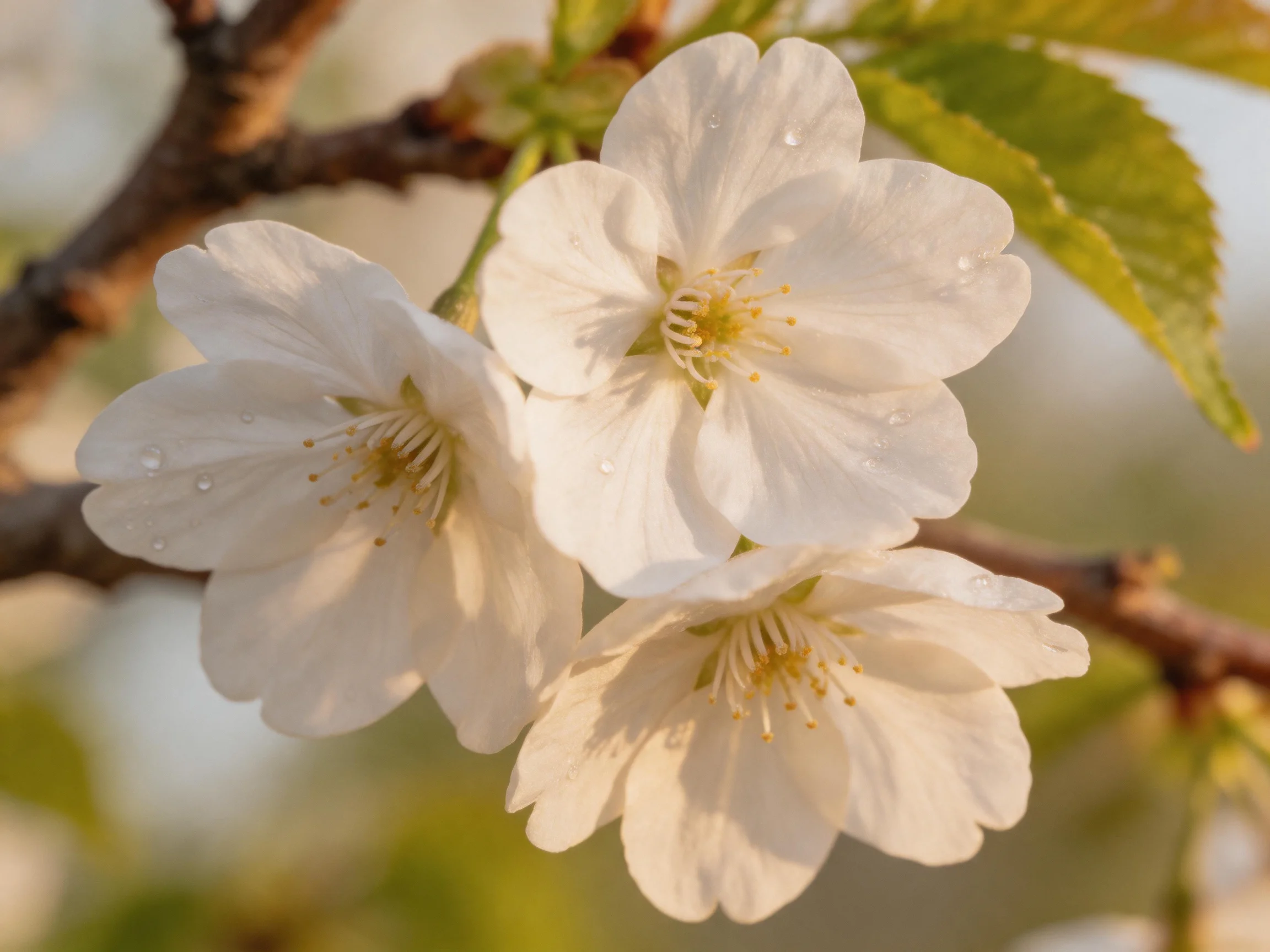 Three delicate white cherry blossoms with dewdrops on brown branches