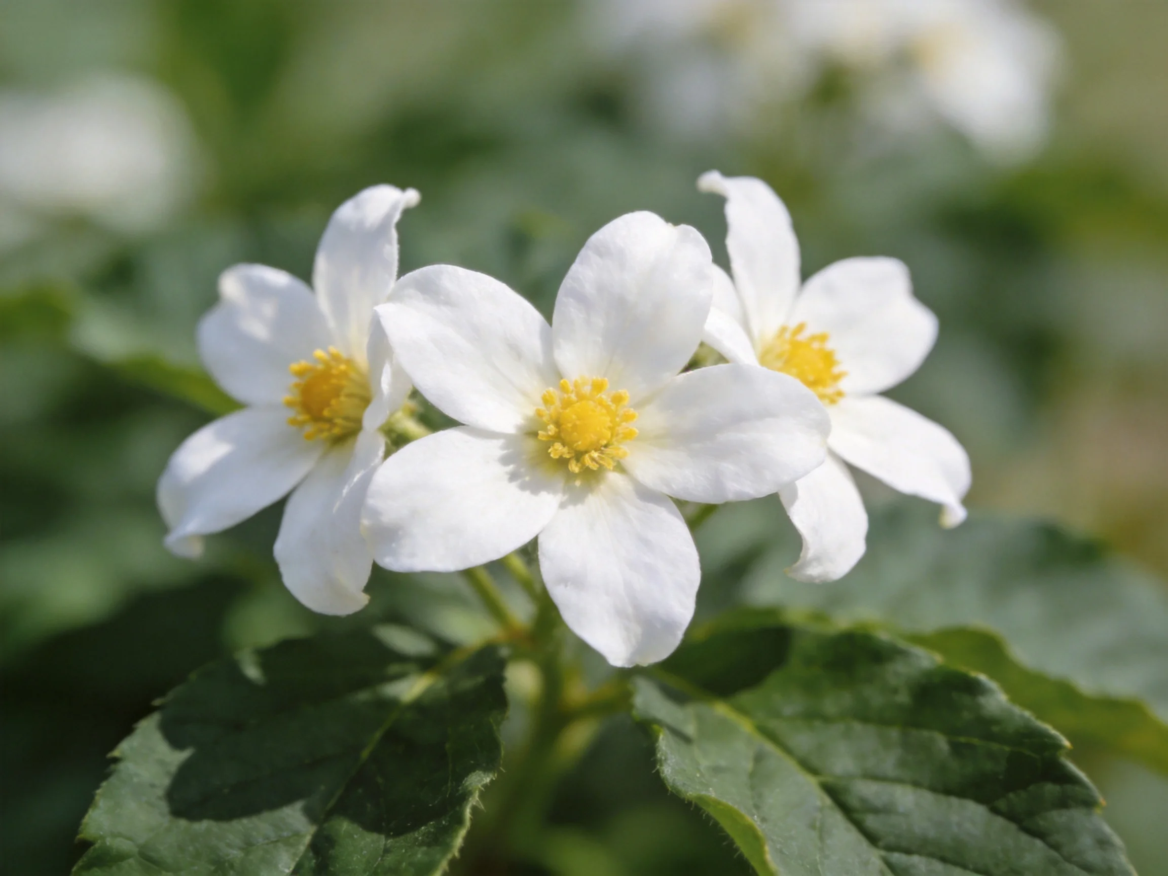 Three delicate white flowers with bright yellow centers amid lush green leaves