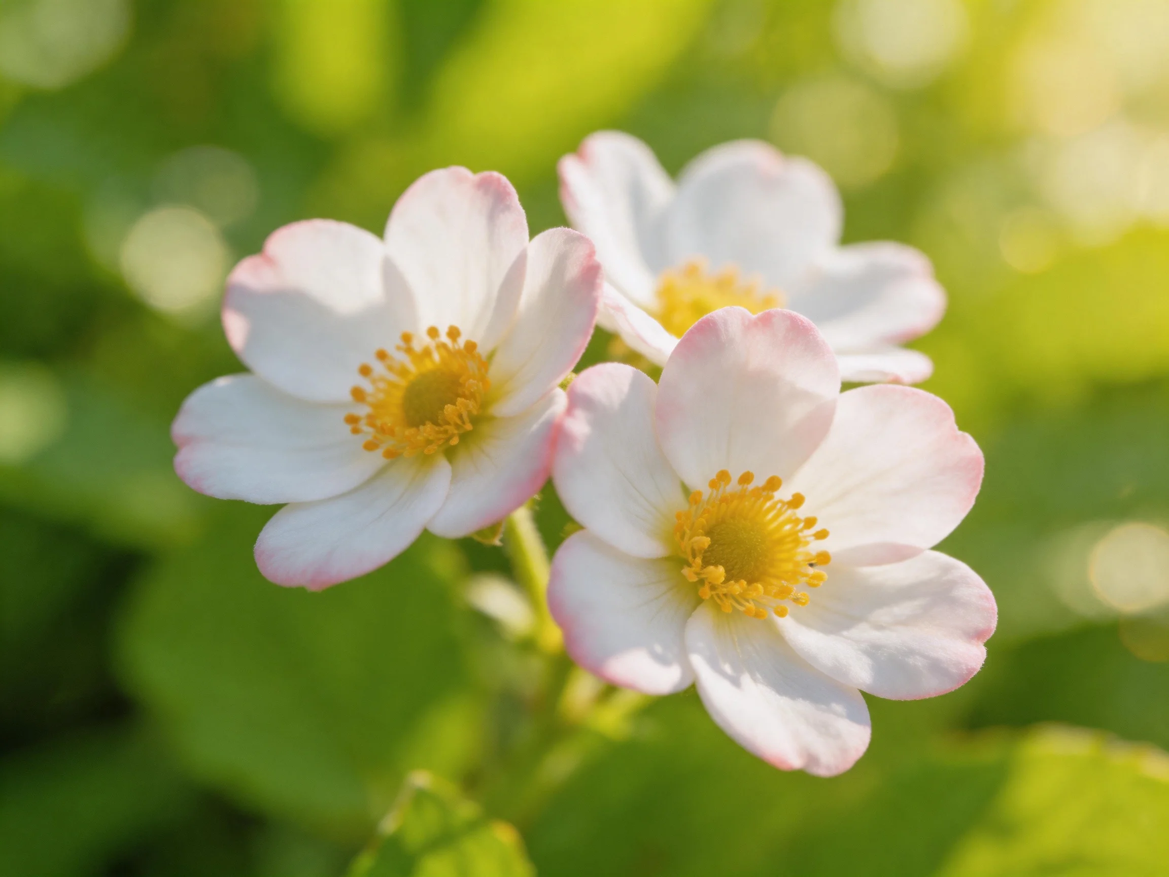 Three delicate white-pink flowers with golden centers amidst lush green foliage