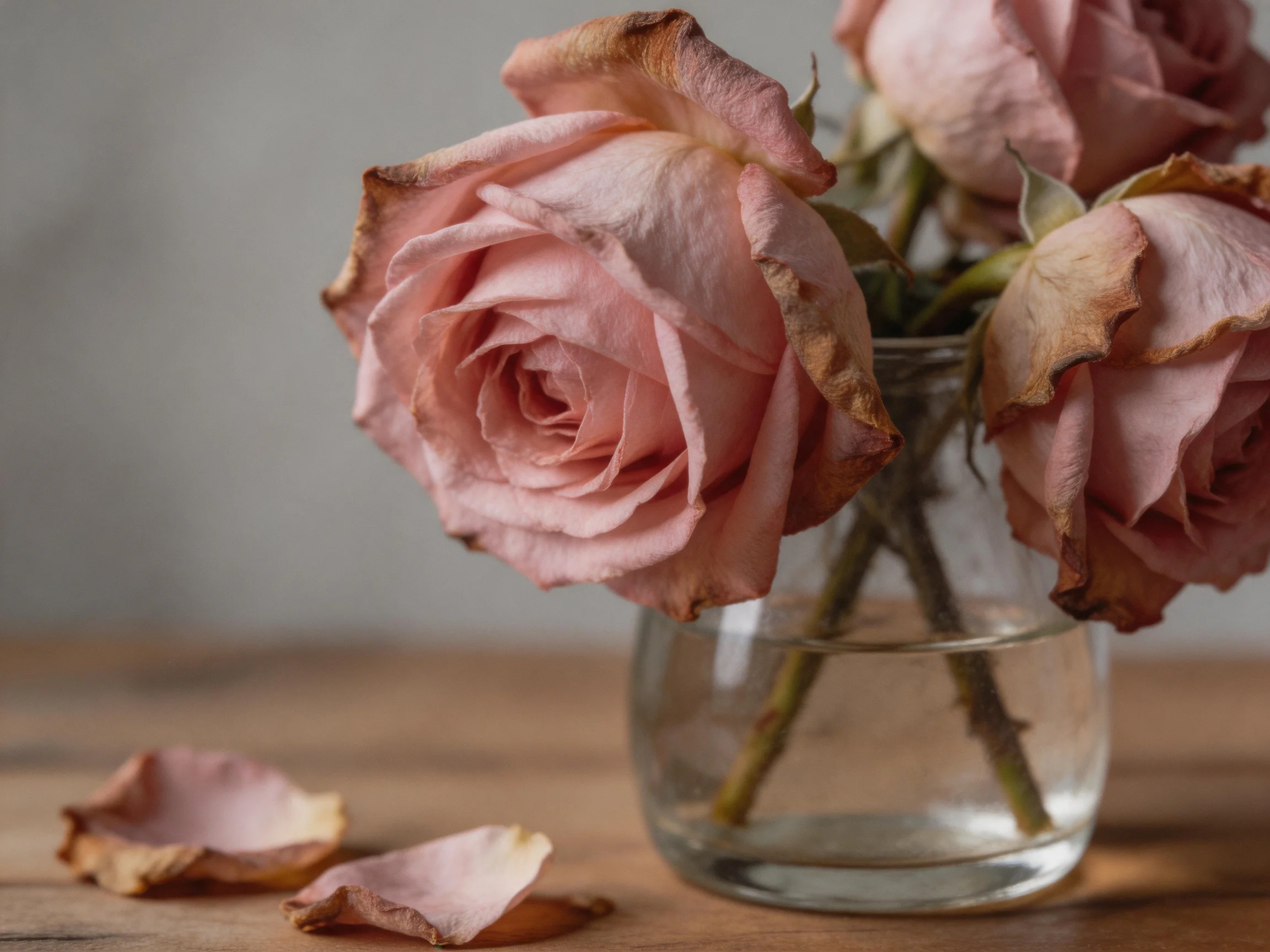 Three faded pink roses in a glass vase with fallen petals