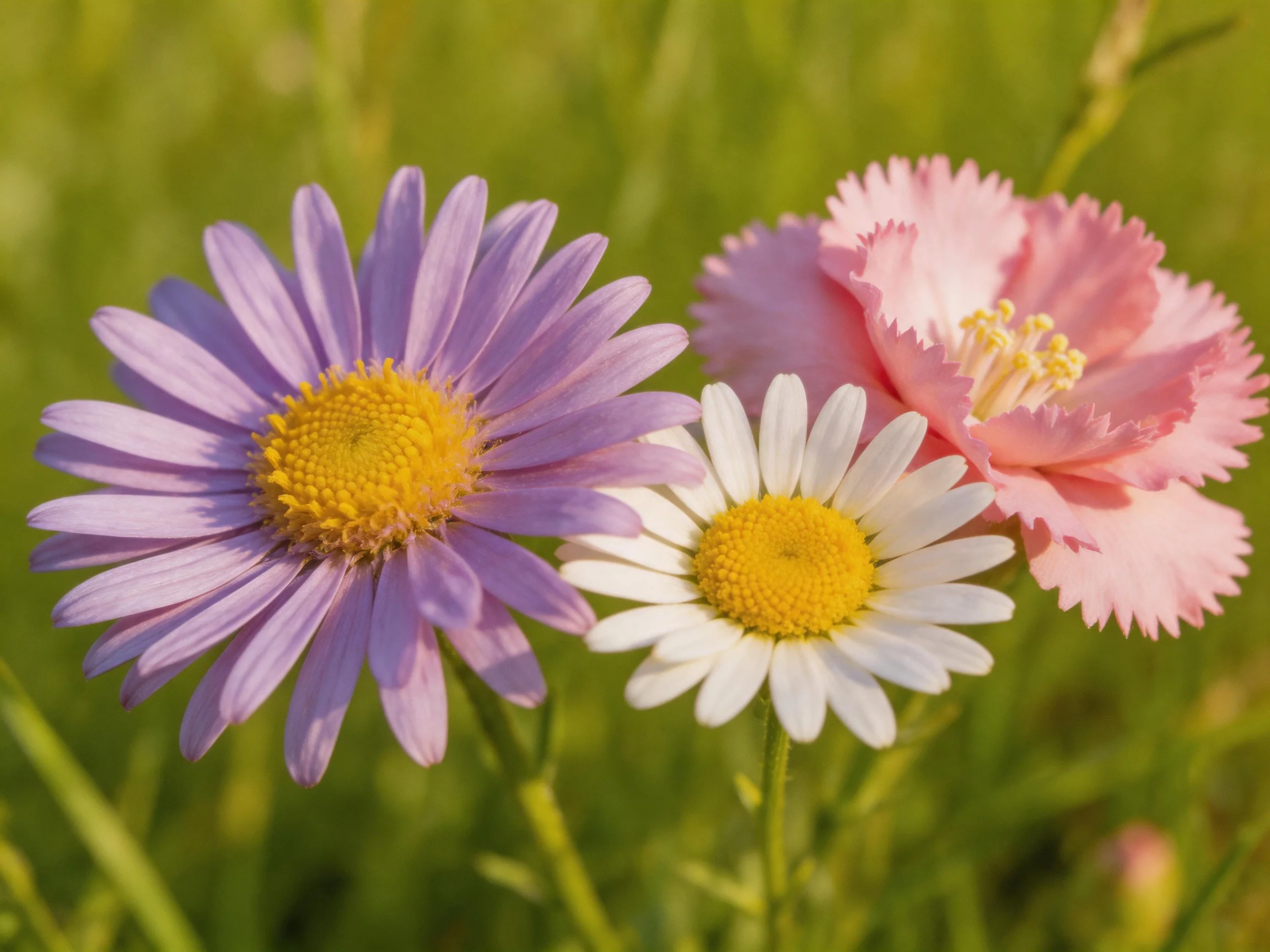 Three flowers with different colors bloom in a sunlit meadow