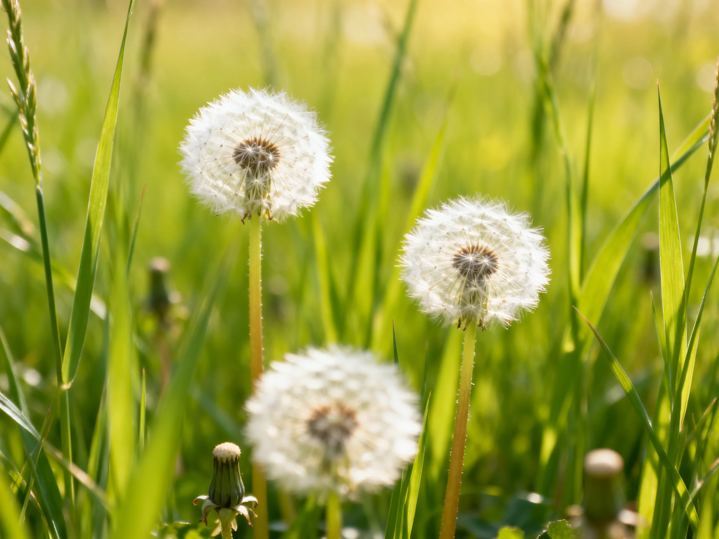 Three fluffy white dandelion seed heads amid tall green grass