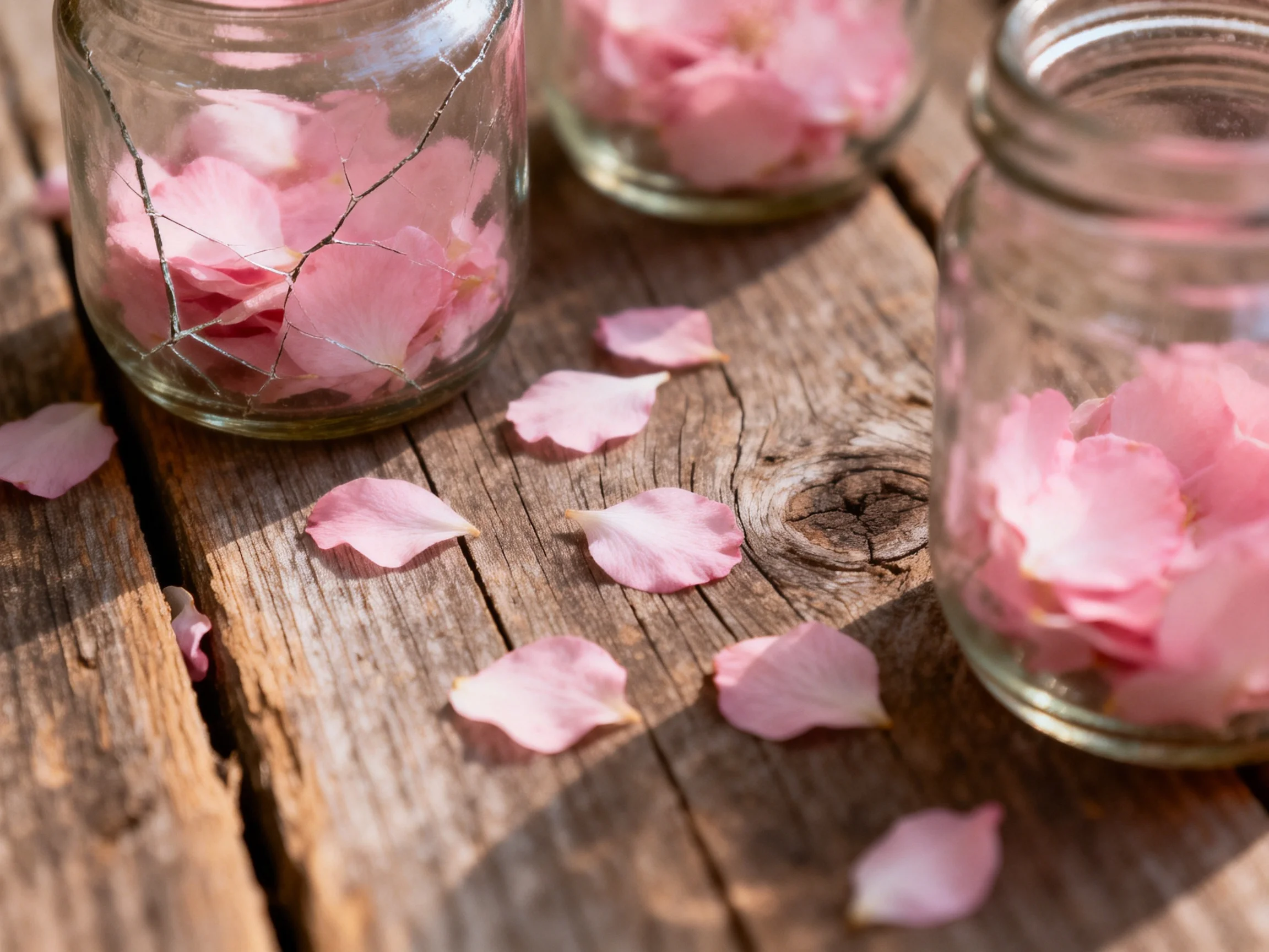 Three glass jars hold pink rose petals on a weathered wooden table