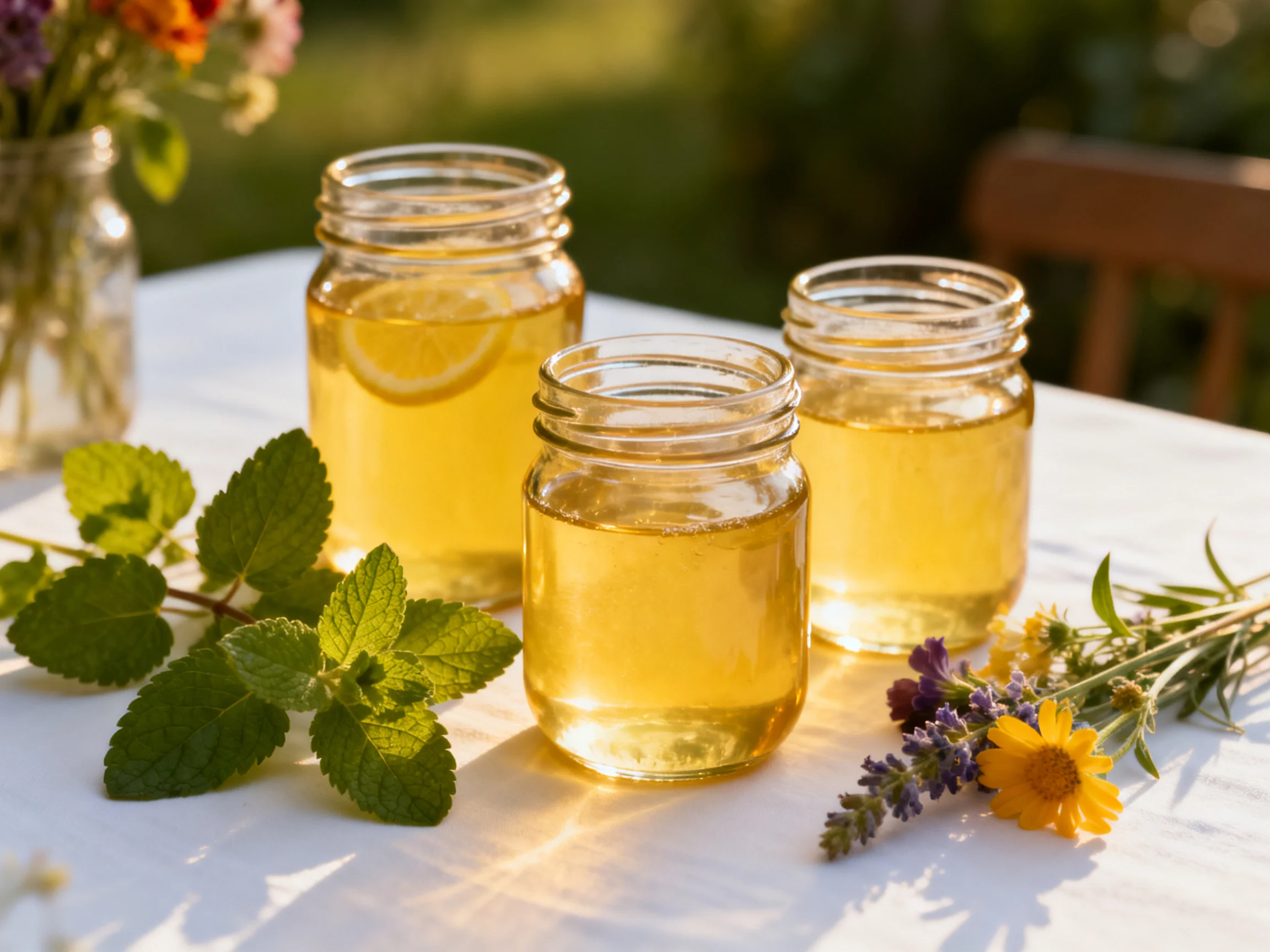 Three glass jars with golden liquid near fresh herbs and flowers on a white table