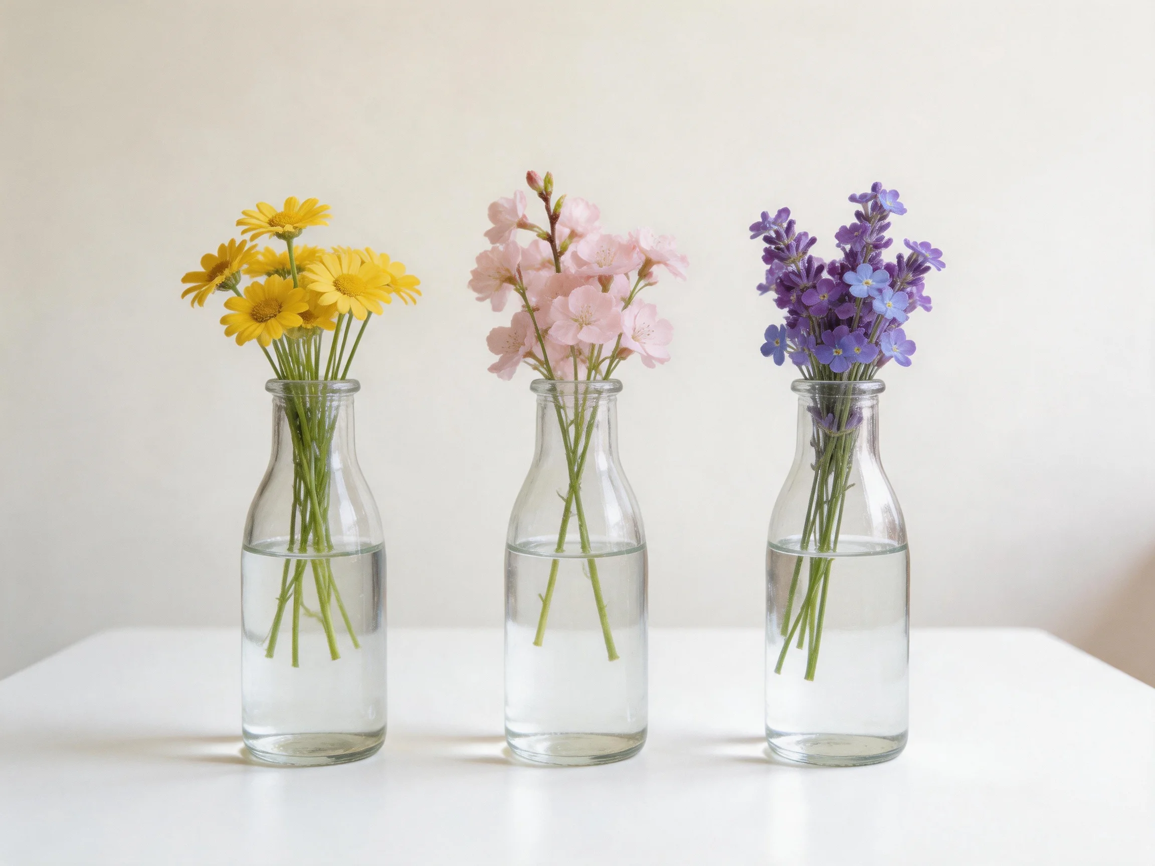 Three glass vases hold yellow, pink, and purple flowers