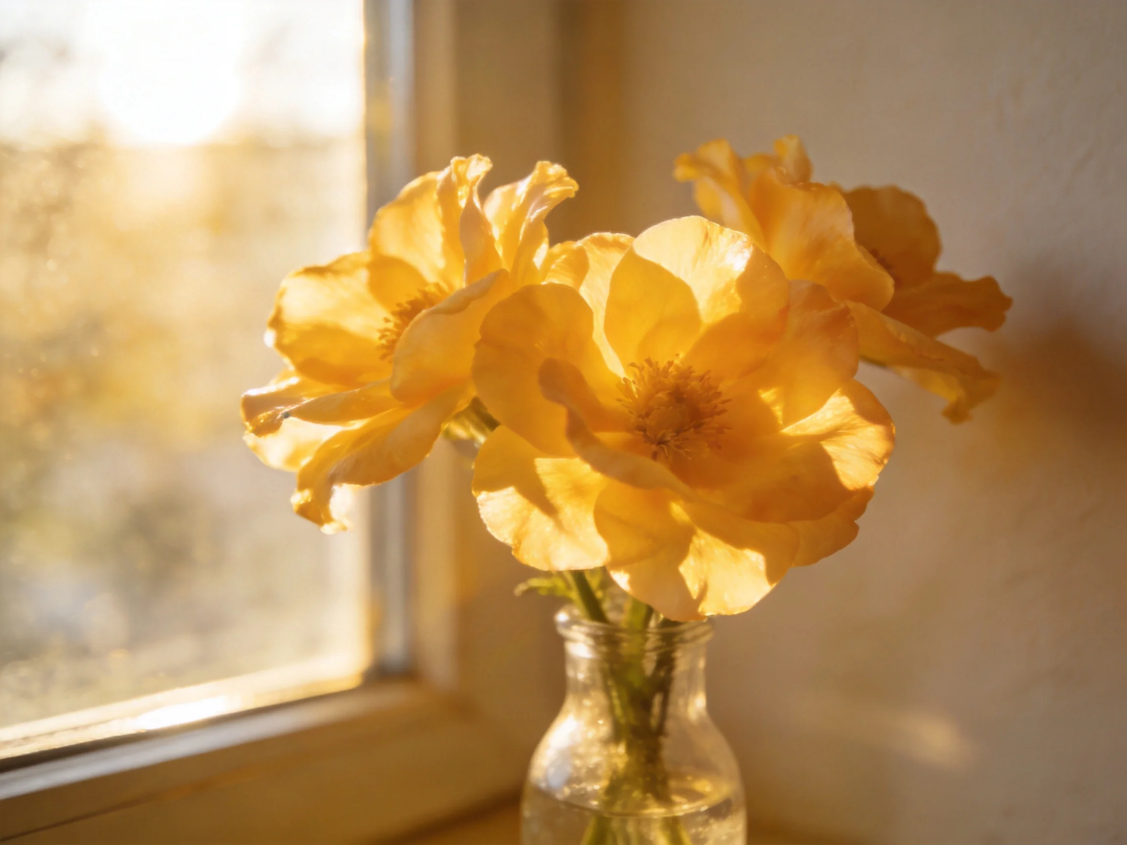 Three golden blooms arranged in a clear glass vase next to a sunlit window