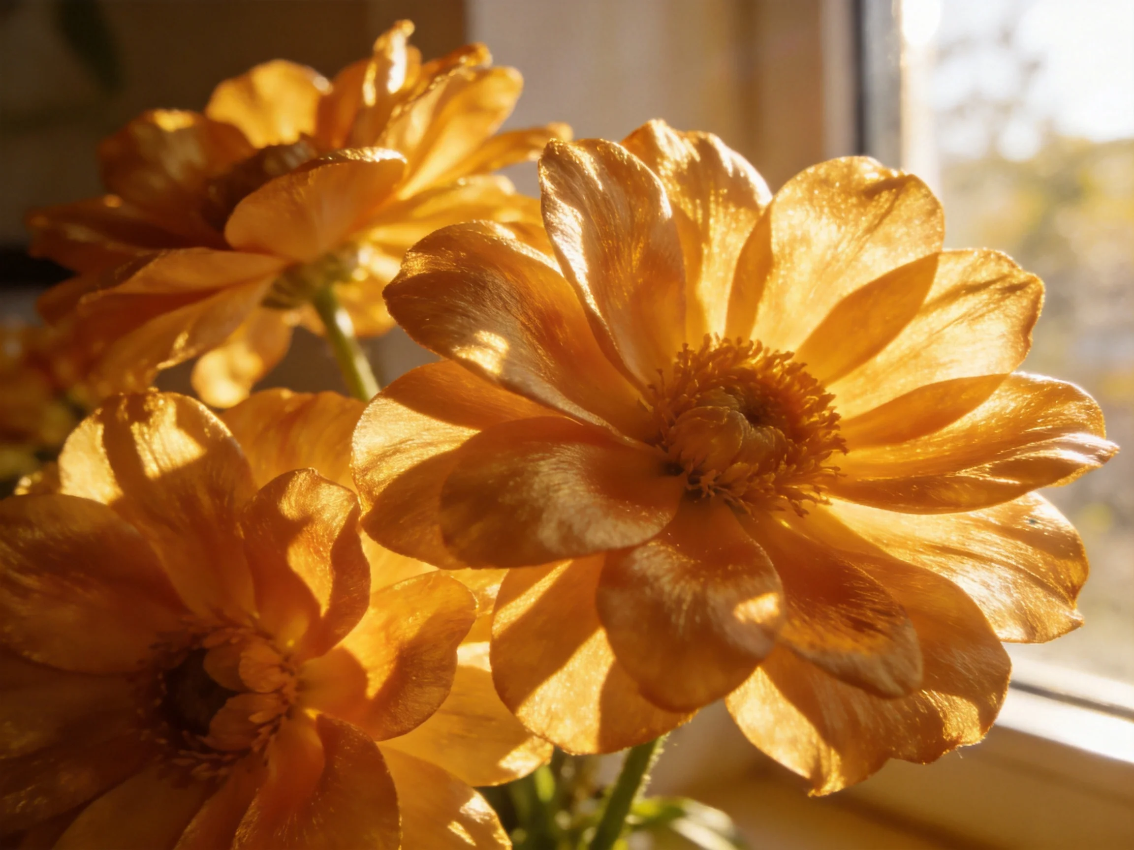 Three golden-hued flowers illuminated by sunlight near a bright window