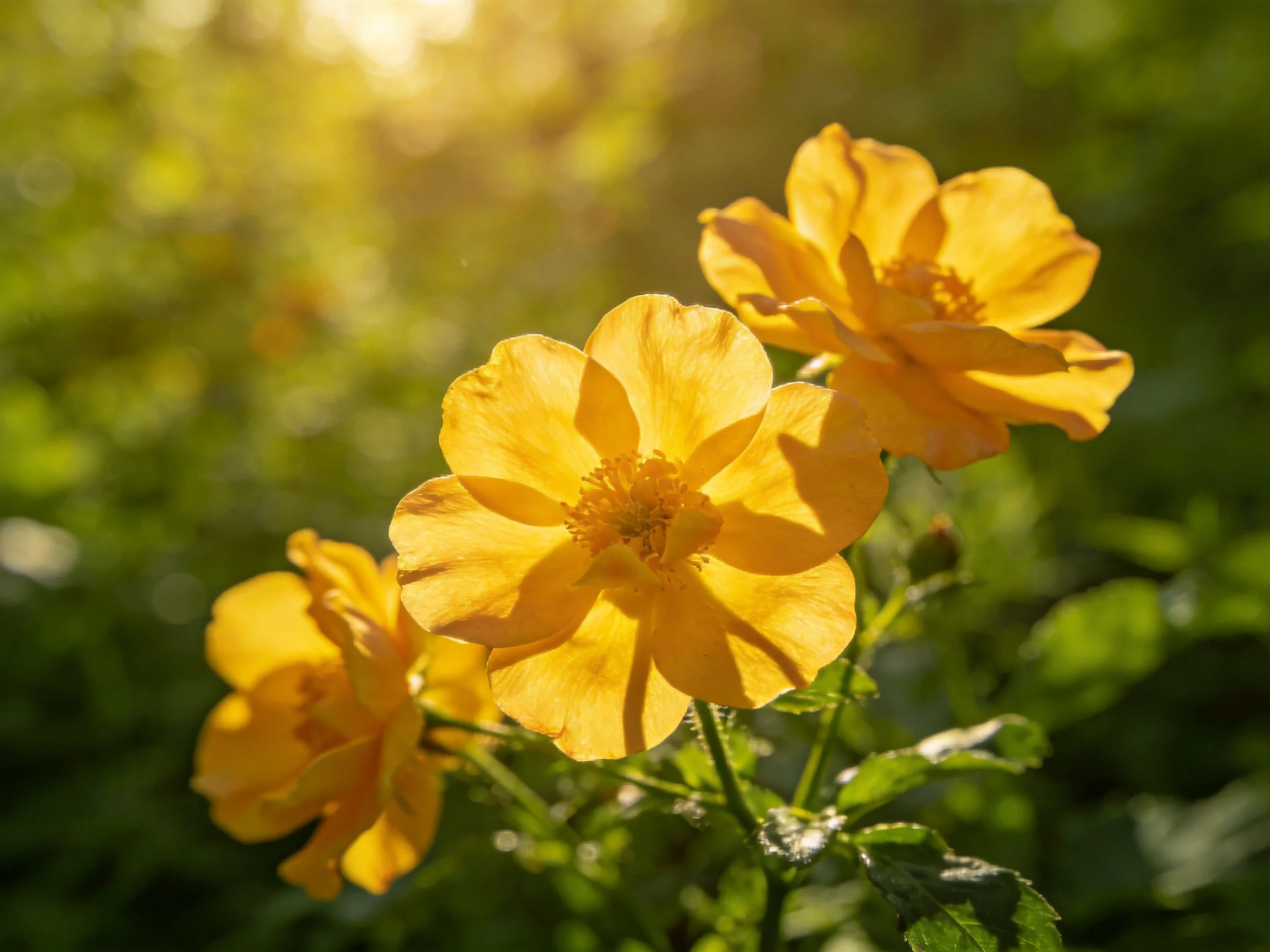 Three golden-yellow blooms glow in a sunlit garden backdrop