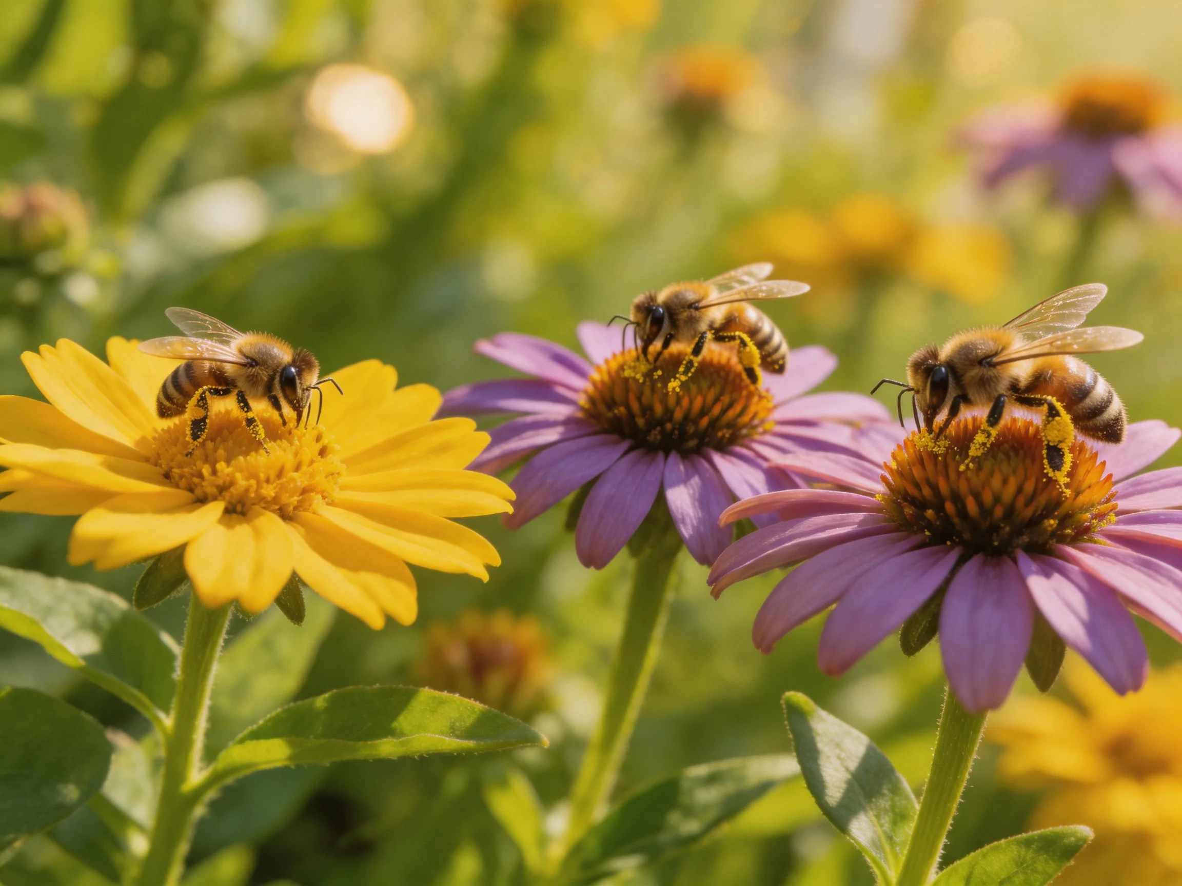 Three honeybees collect nectar from vibrant yellow and purple flowers