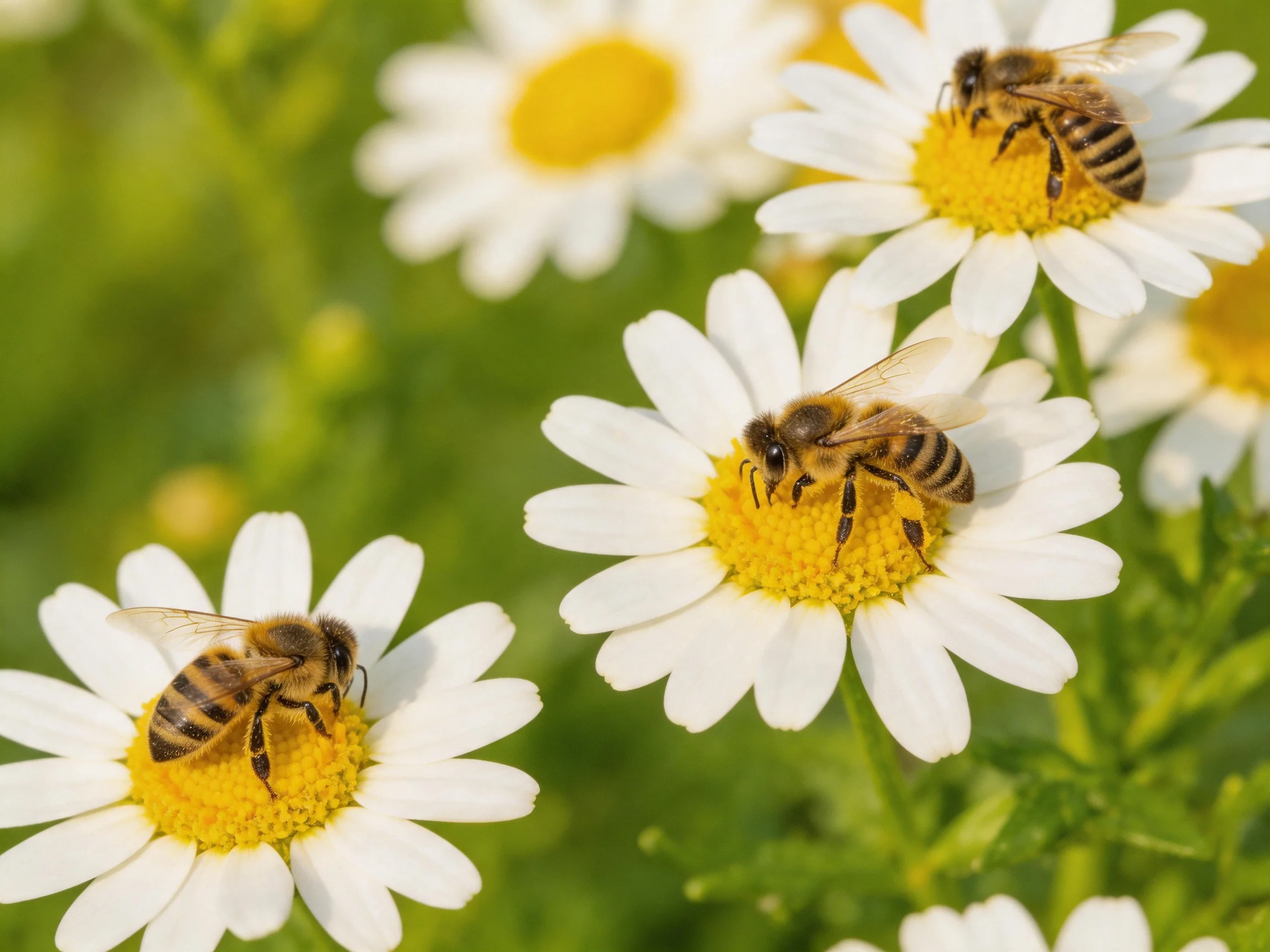 Three honeybees collect nectar from white daisies with yellow centers