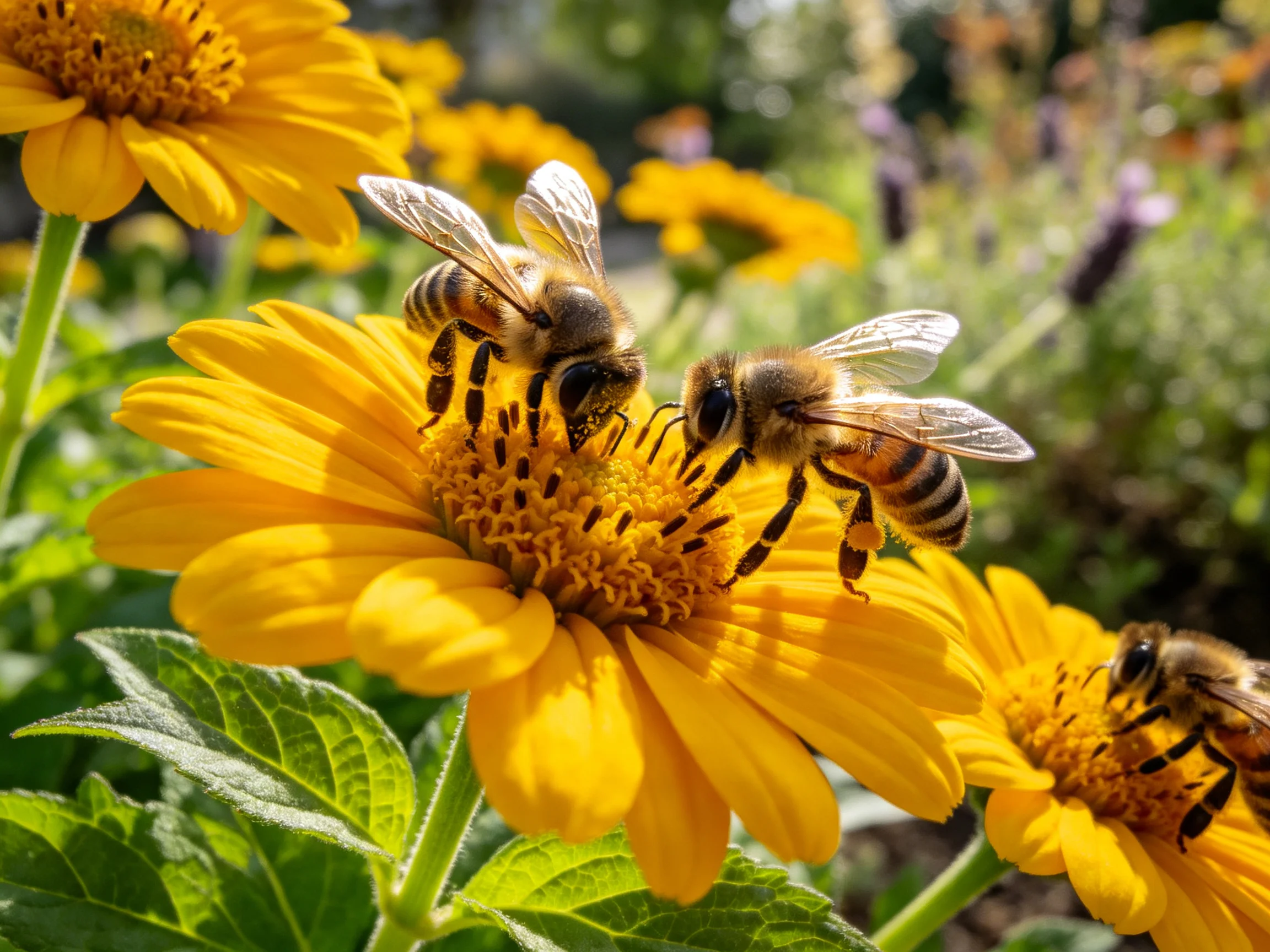 Three honeybees collecting nectar from bright yellow flowers